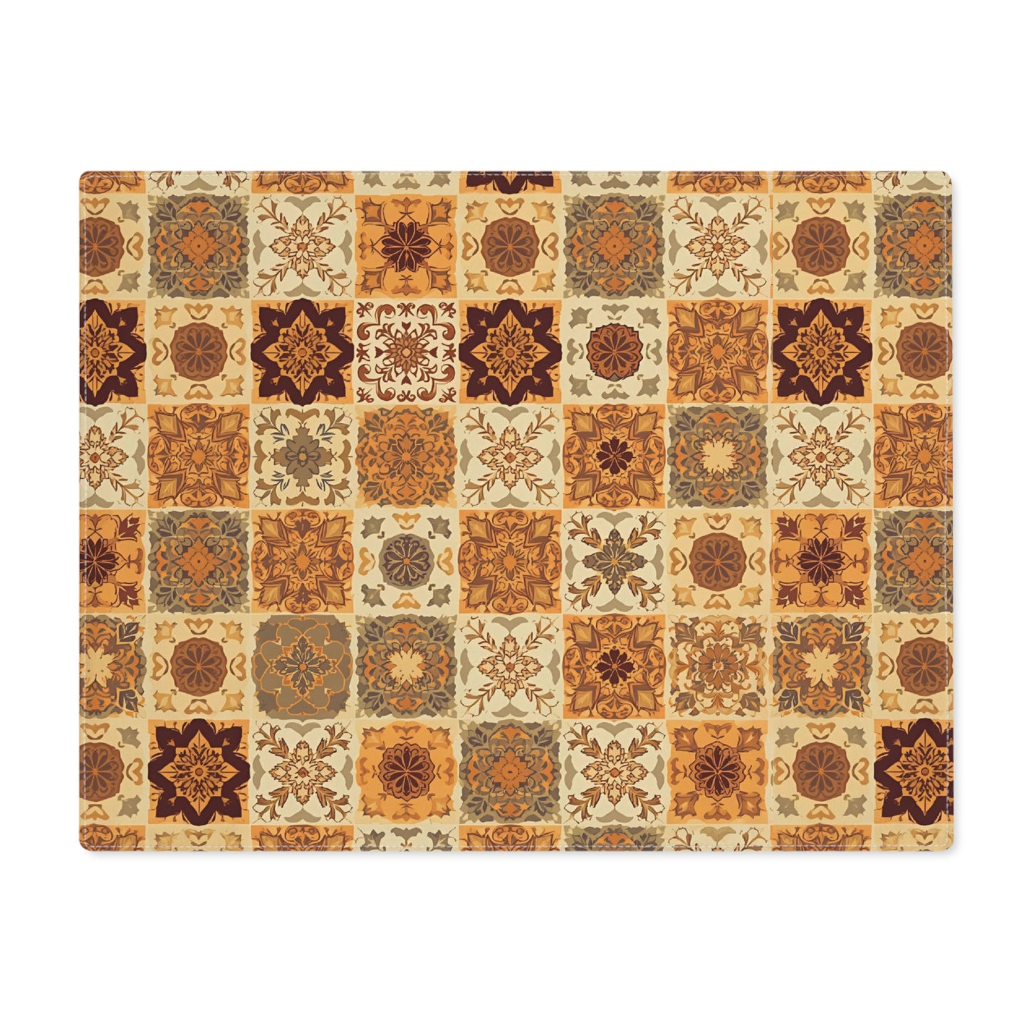 Our cotton twill Fall Flowers Mosaic placemat has brown, green and gold floral square geometric pattern. This placemat is on a white background.