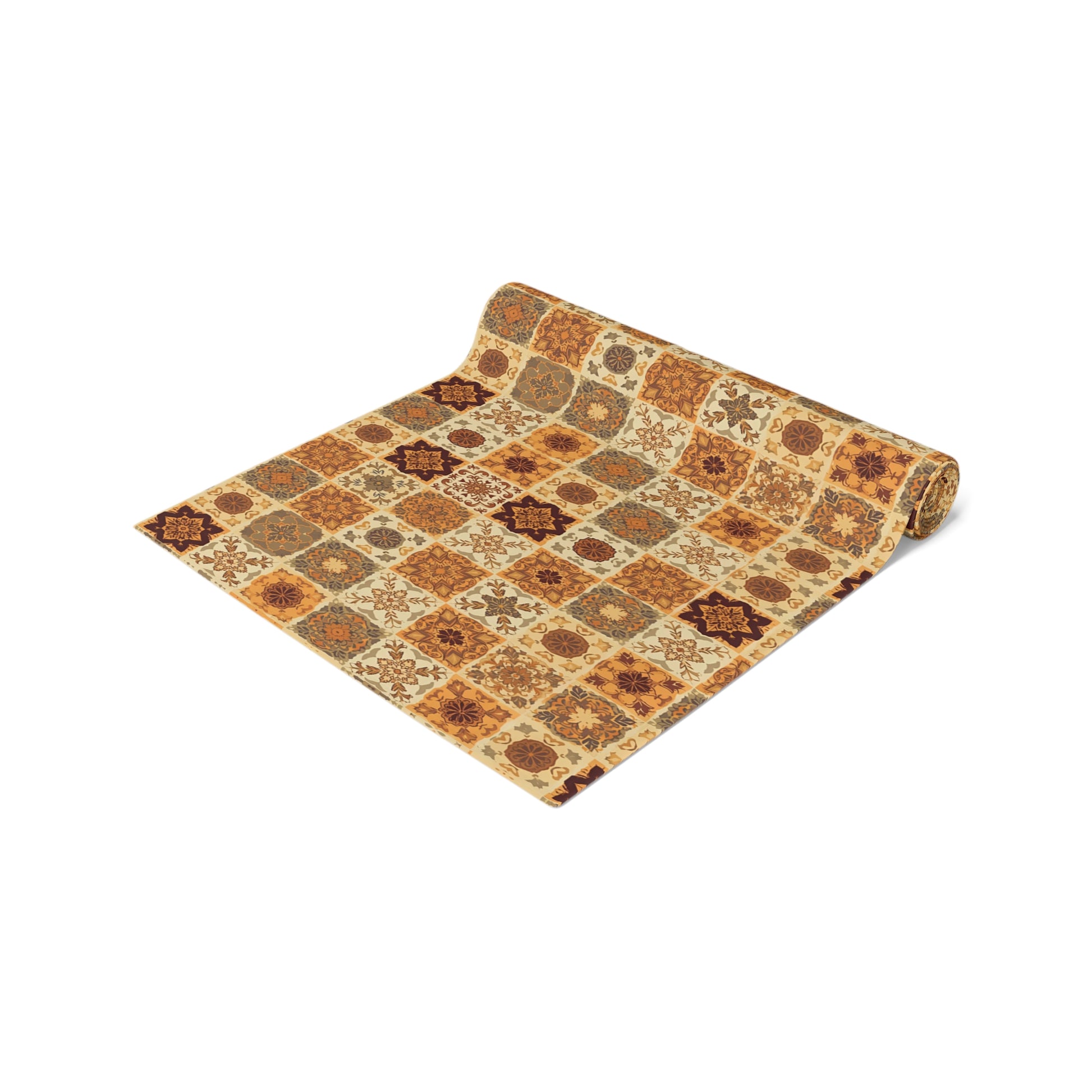 This Fall Flowers Mosaic table runner has a brown, green and gold floral square geometric pattern. This table runner is rolled up on a white background.