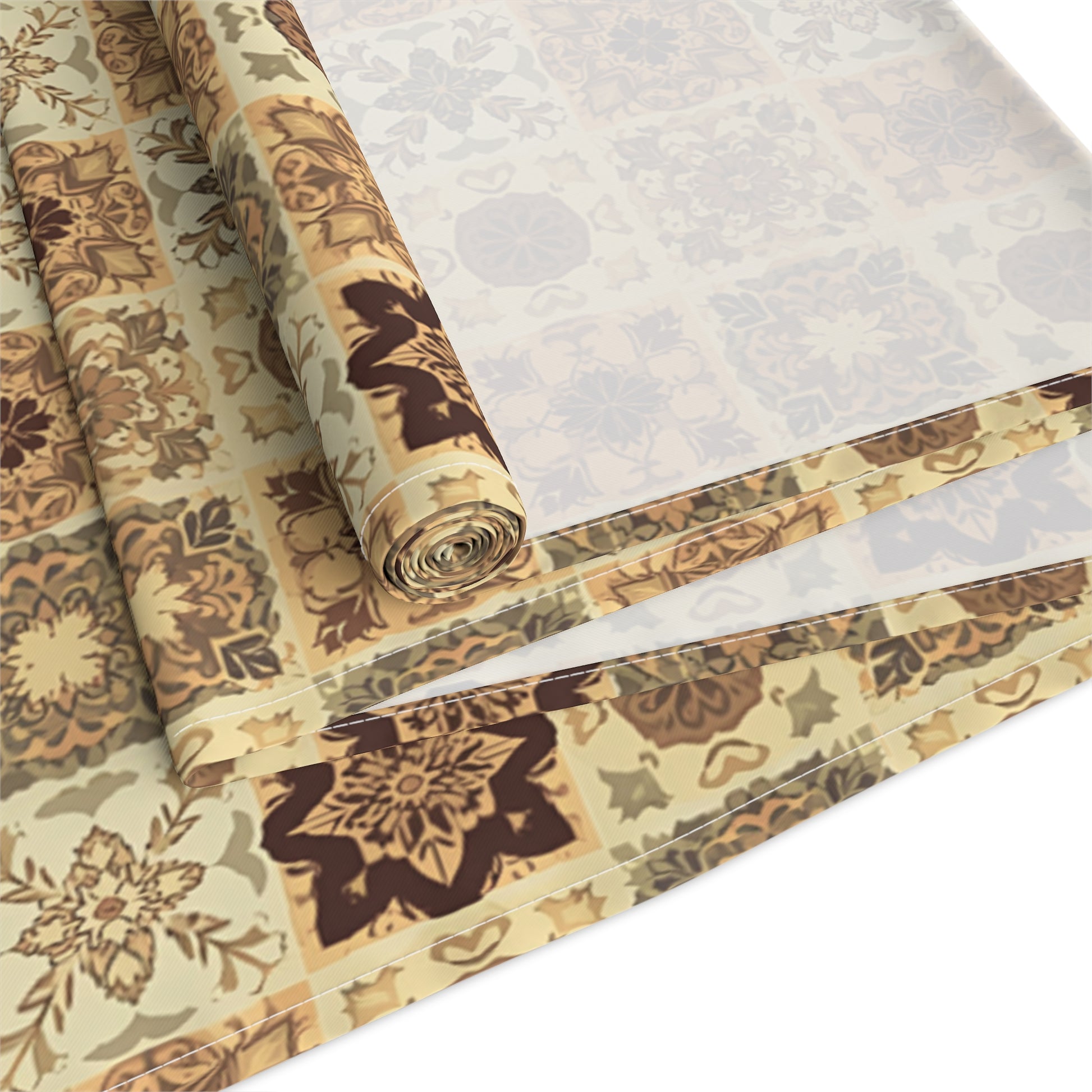 Our Fall Flowers Mosaic table runner has a brown, green and gold floral square geometric pattern. This table runner is rolled up on a white background.