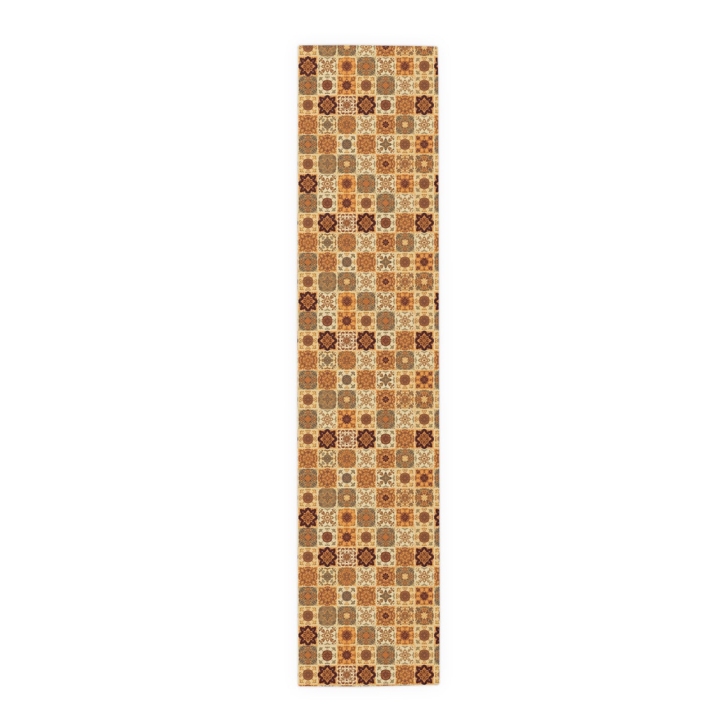 Our Fall Flowers Mosaic 16"x 90"-polyester table runner has a brown, green and gold floral square geometric pattern. This table runner is on a white background.