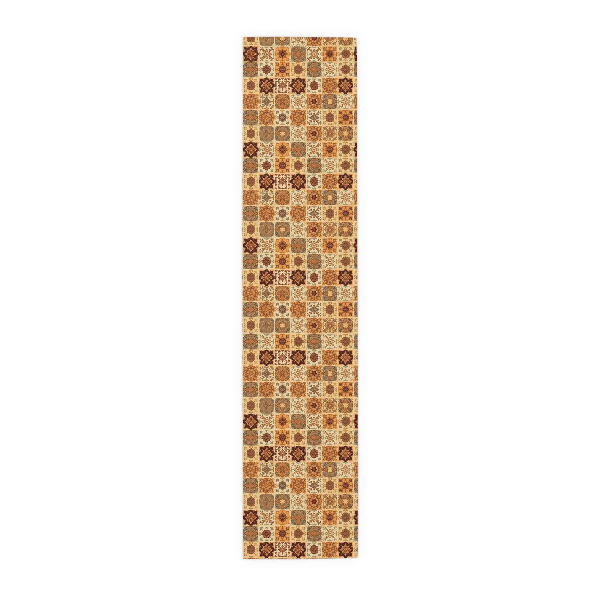 Our Fall Flowers Mosaic 16"x 90"-polyester table runner has a brown, green and gold floral square geometric pattern. This table runner is on a white background.