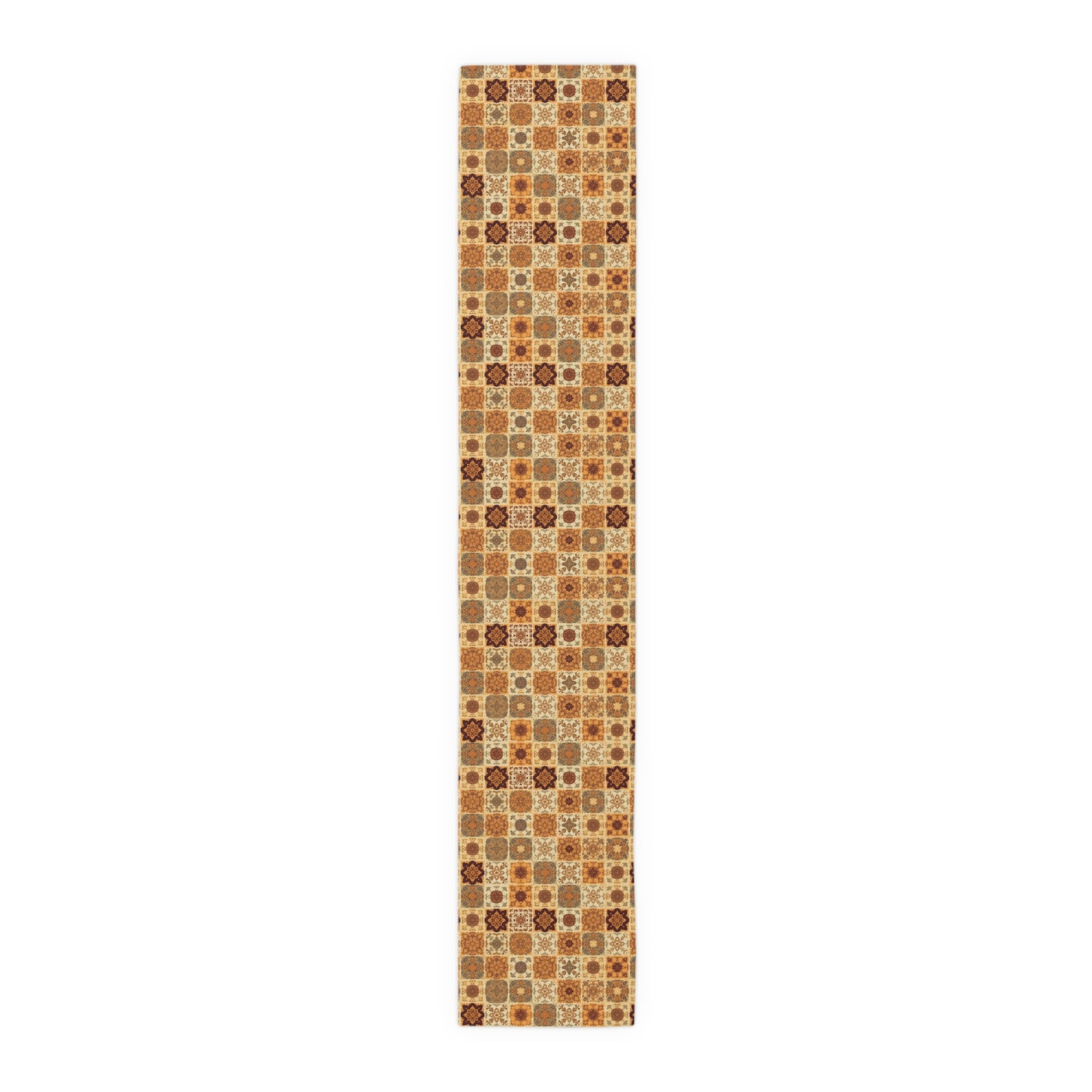 Our Fall Flowers Mosaic 16"x 72"-polyester table runner has a brown, green and gold floral square geometric pattern. This table runner is on a white background.