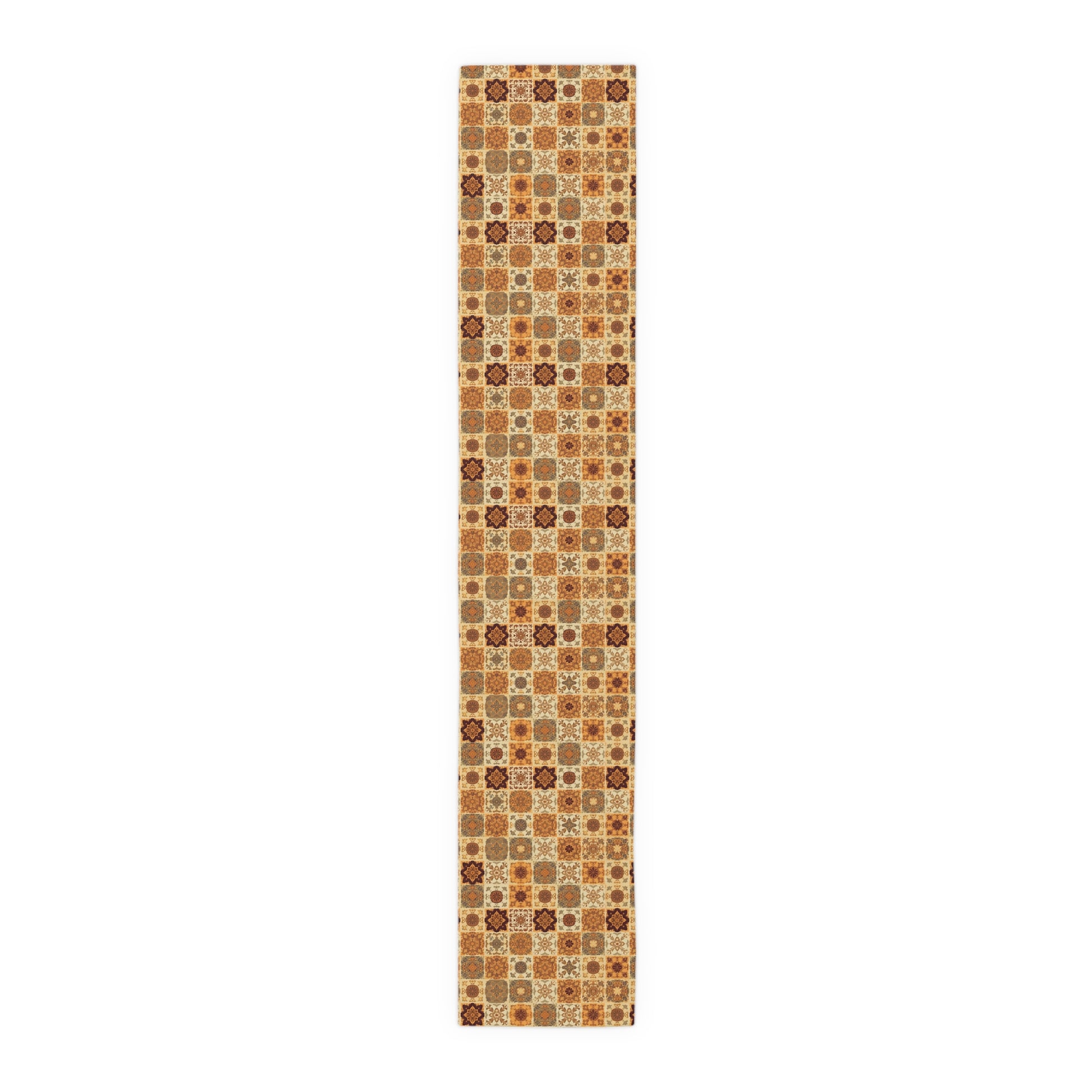 Our Fall Flowers Mosaic 16"x 72"-polyester table runner has a brown, green and gold floral square geometric pattern. This table runner is on a white background.