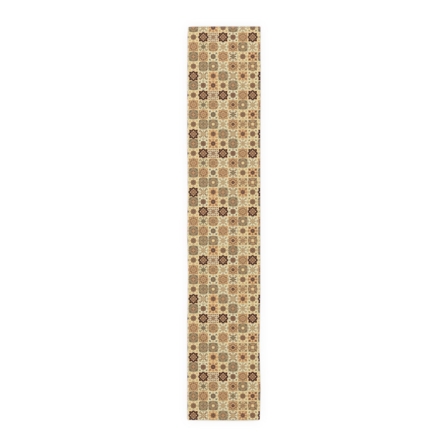 Our Fall Flowers Mosaic 16"x 72"-cotton twill table runner has a brown, green and gold floral square geometric pattern. This table runner is on a white background.