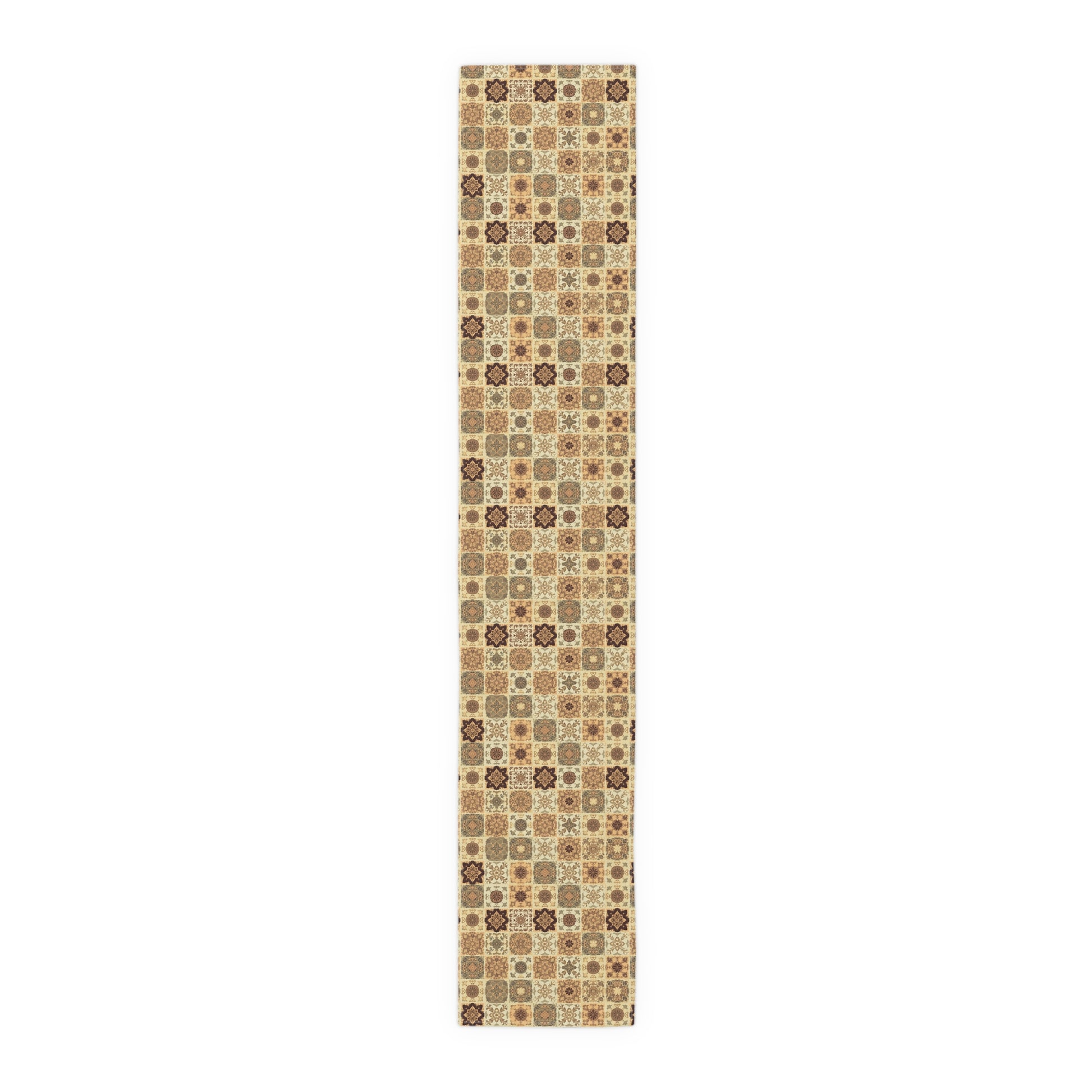 Our Fall Flowers Mosaic 16"x 72"-cotton twill table runner has a brown, green and gold floral square geometric pattern. This table runner is on a white background.