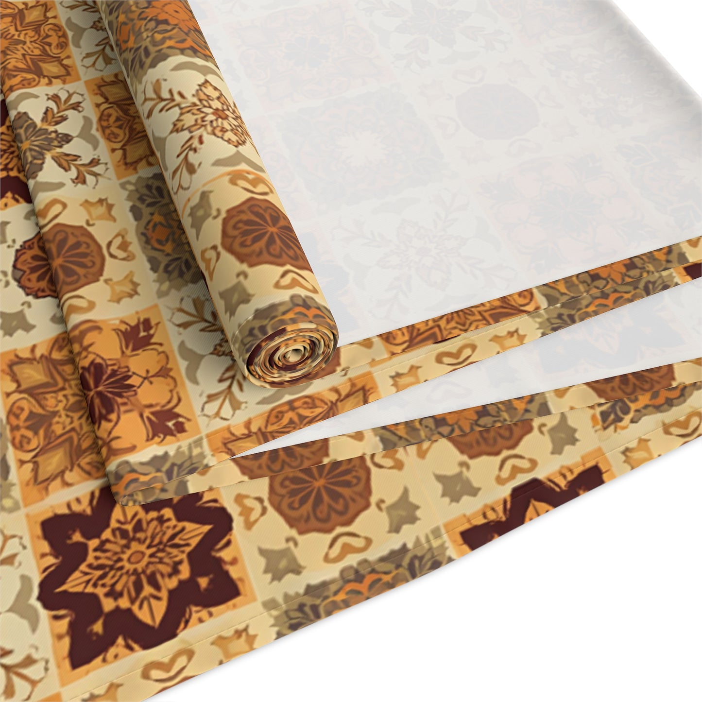 This Fall Flowers Mosaic table runner has a brown, green and gold floral square geometric pattern. This table runner is rolled up on a white background.