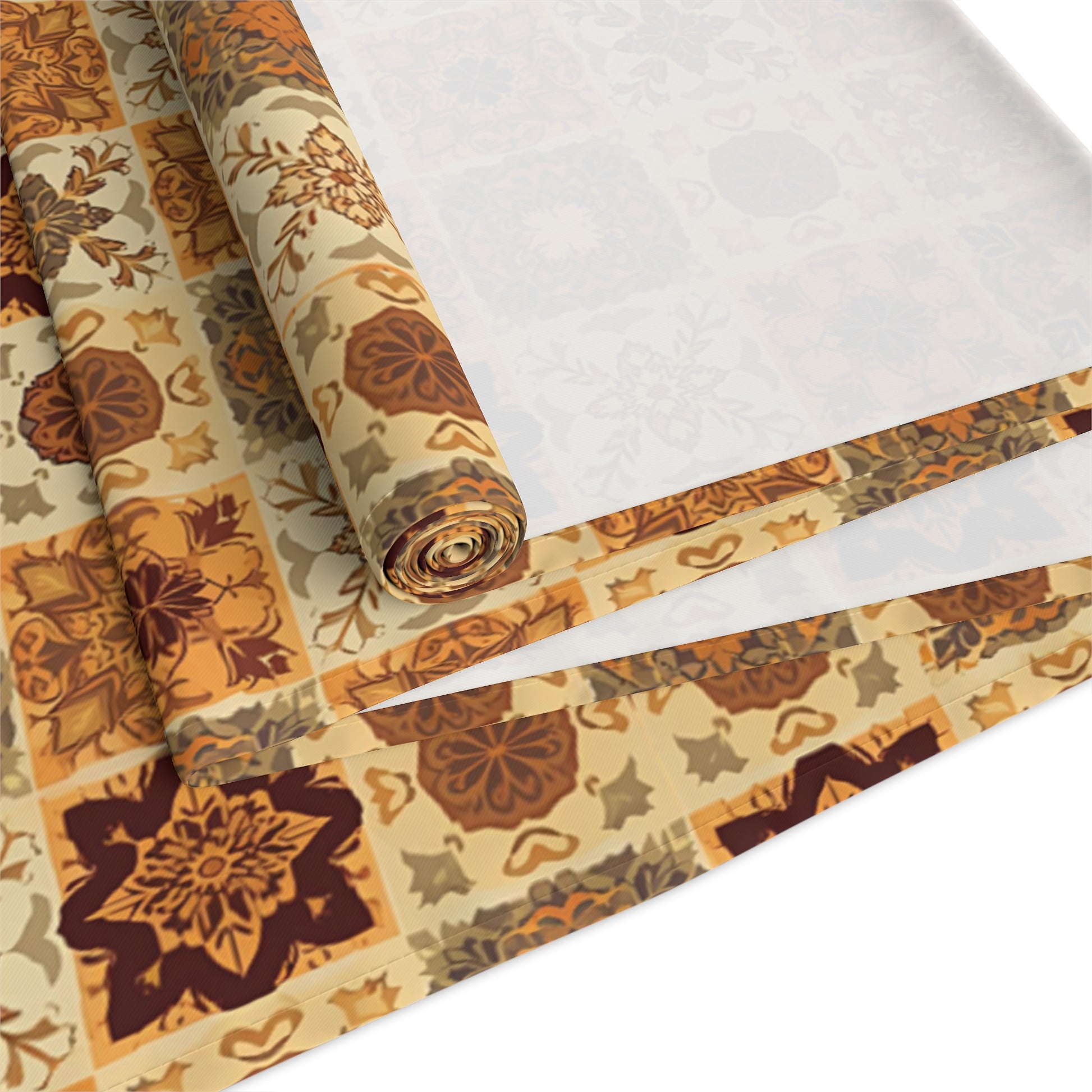 This Fall Flowers Mosaic table runner has a brown, green and gold floral square geometric pattern. This table runner is rolled up on a white background.