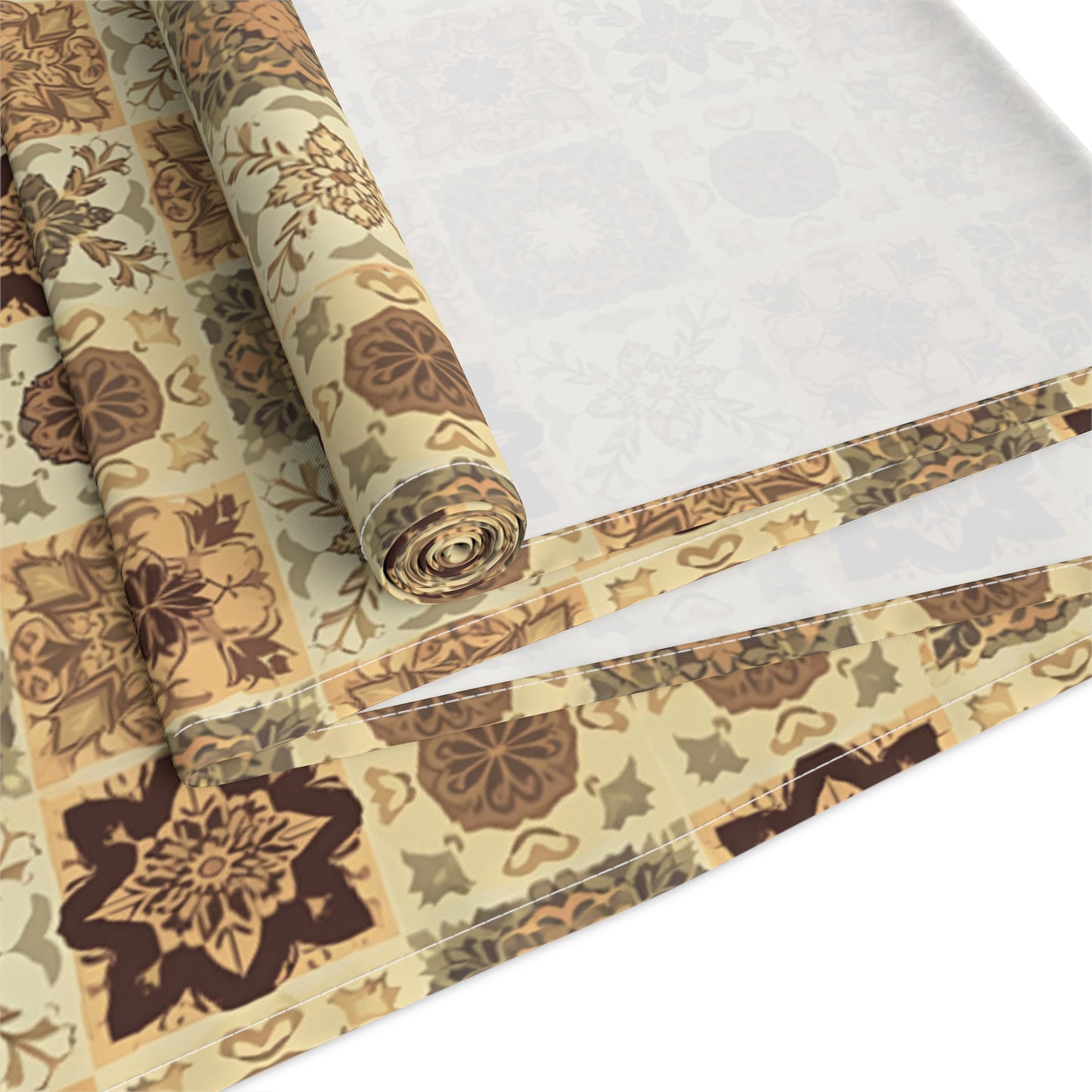 This Fall Flowers Mosaic table runner has a brown, green and gold floral square geometric pattern. This table runner is rolled up on a white background.