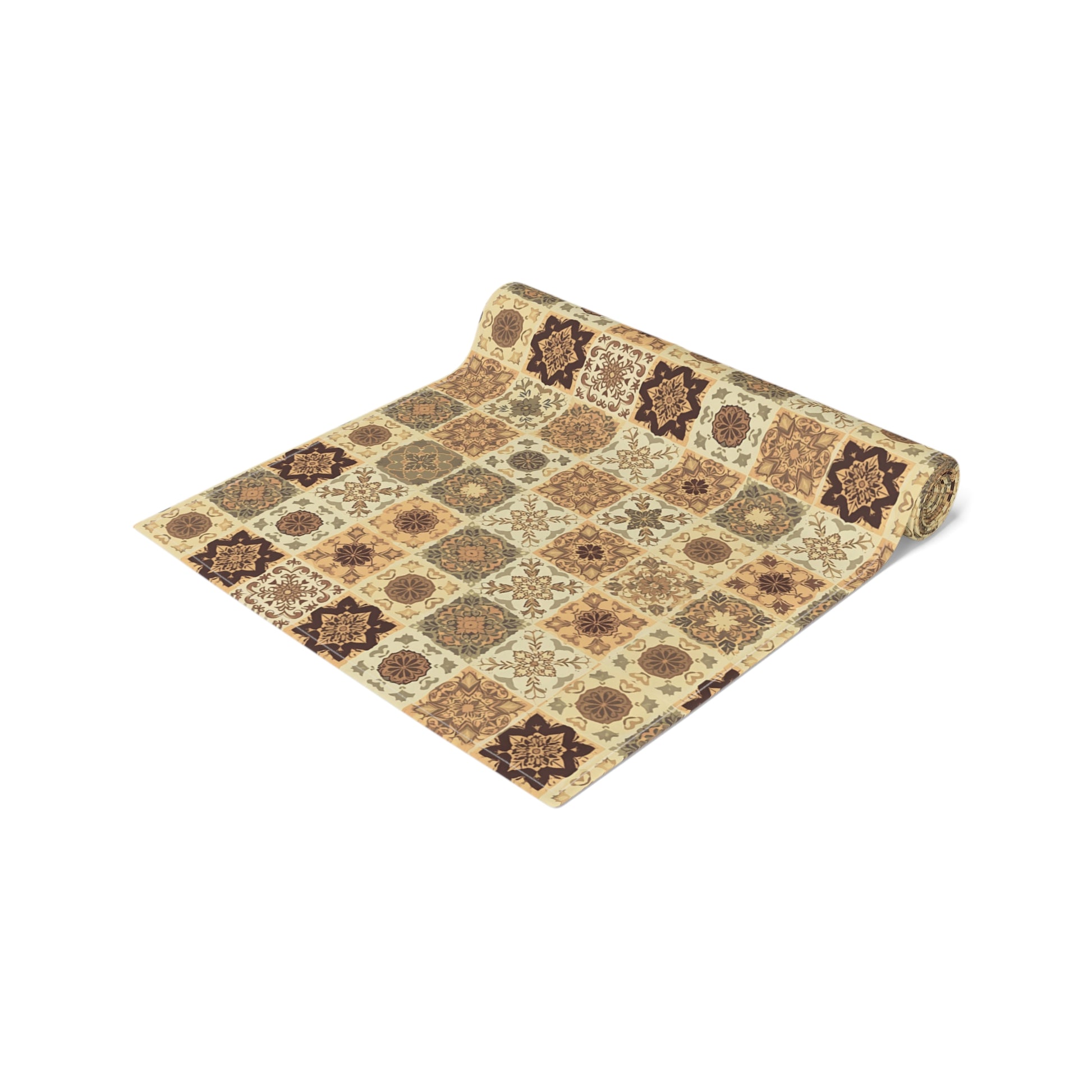 This Fall Flowers Mosaic table runner has a brown, green and gold floral square geometric pattern. This table runner is rolled up on a white background.