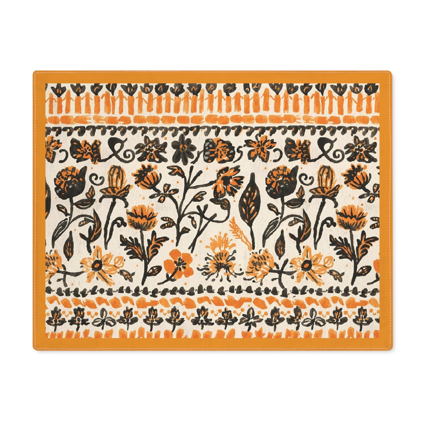 Fall Flowers placemat, with a boho orange and black floral pattern, is printed on a cotton twill placemat fabric, on a white background