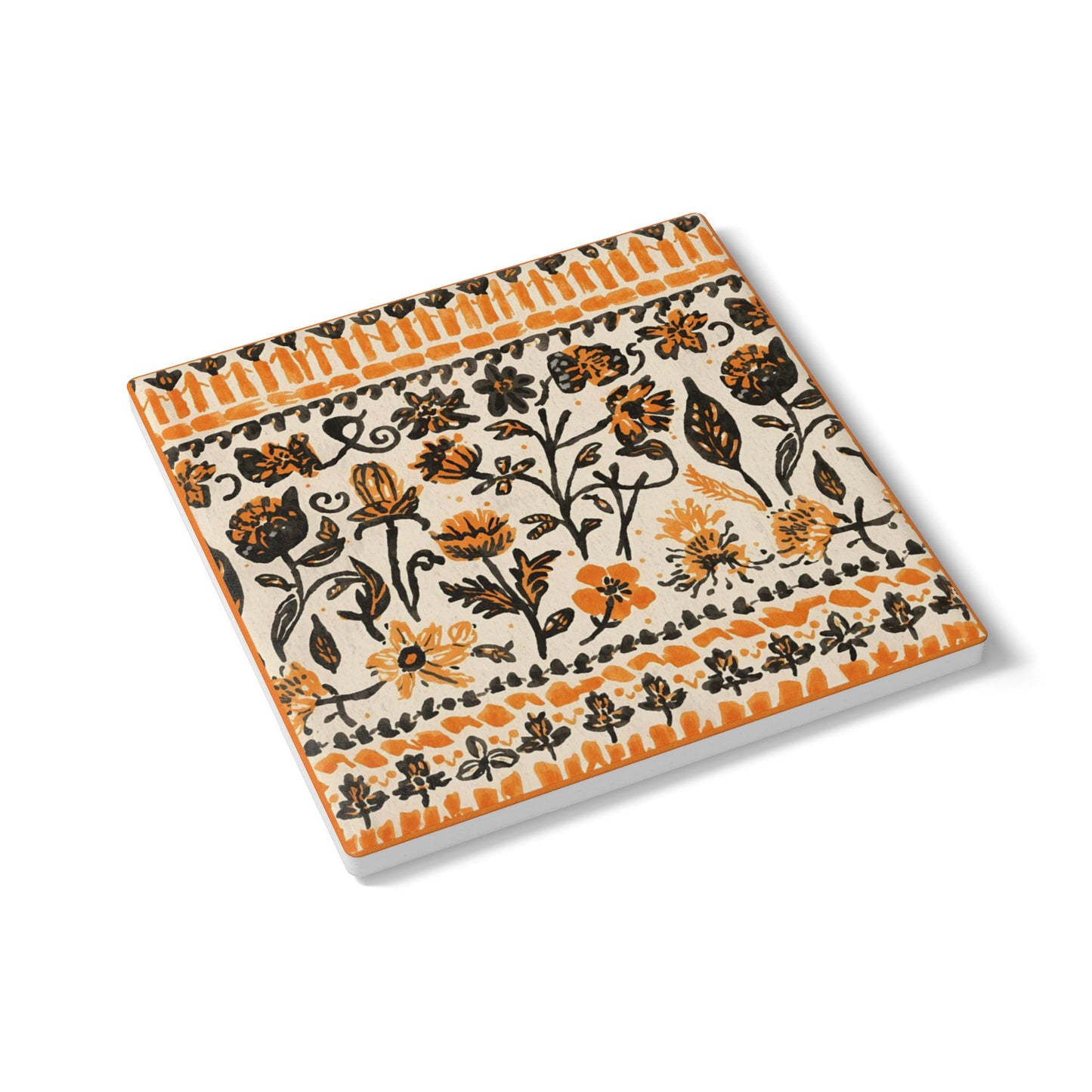 Fall Flowers ceramic tile coaster, with a boho orange and black floral pattern, is printed on the top of the ceramic tile coaster, and sits on a white background