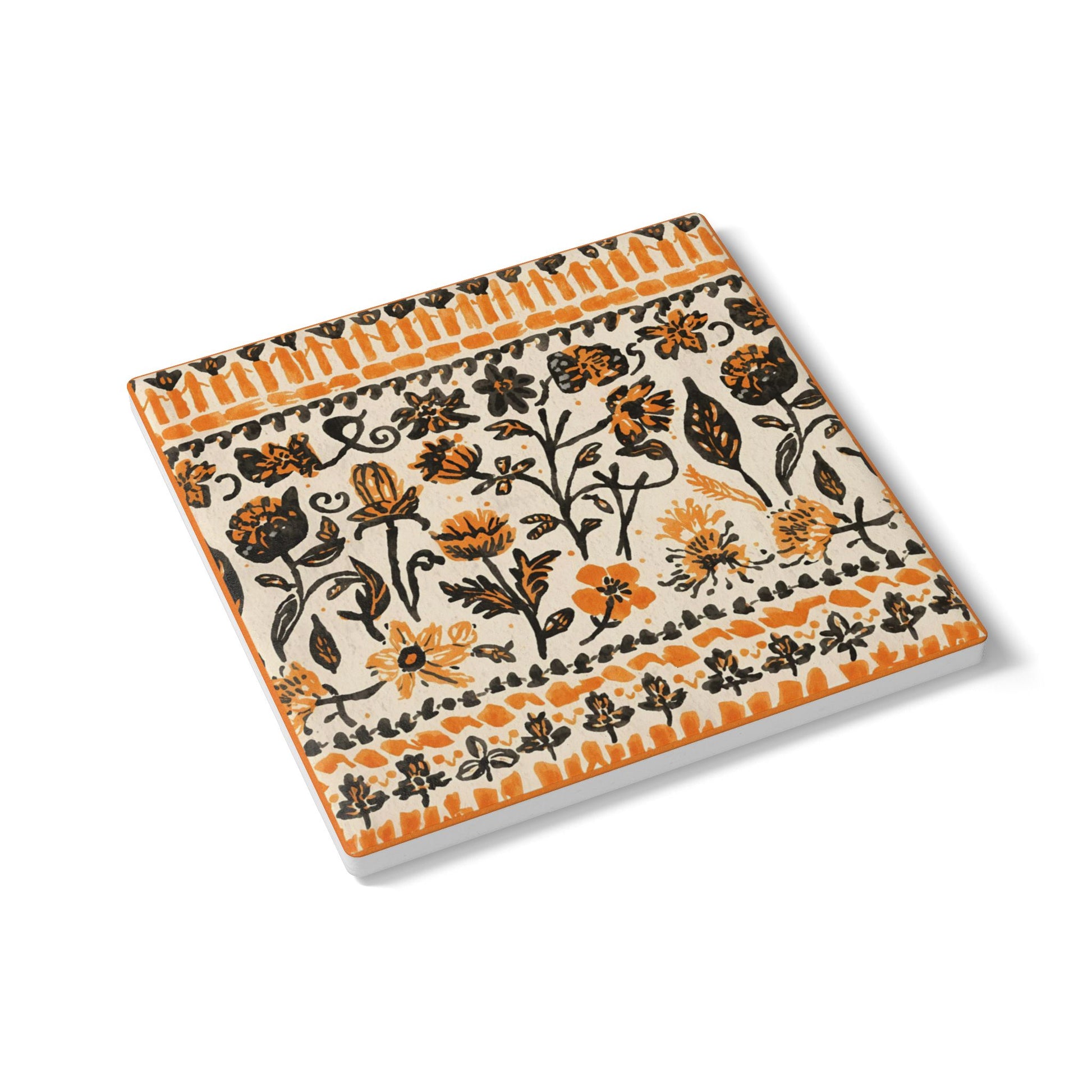 Fall Flowers ceramic tile coaster, with a boho orange and black floral pattern, is printed on the top of the ceramic tile coaster, and sits on a white background