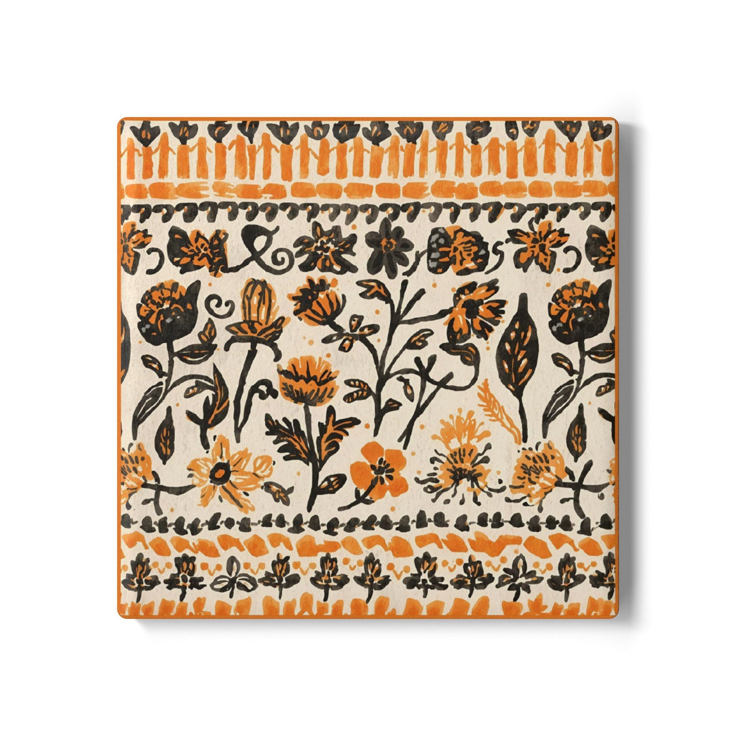 Fall Flowers ceramic tile coaster, with a boho orange and black floral pattern, is printed on the top of the ceramic tile coaster, and sits on a white background