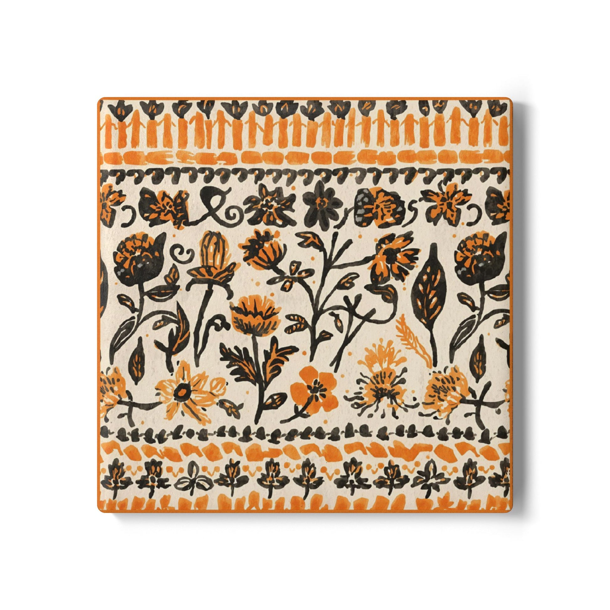 Fall Flowers ceramic tile coaster, with a boho orange and black floral pattern, is printed on the top of the ceramic tile coaster, and sits on a white background