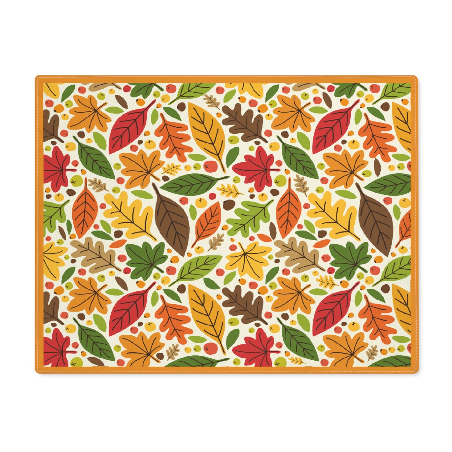 Fall Leaves placemat with autumn leaf pattern on the placemat's cotton twill fabric, on a white background