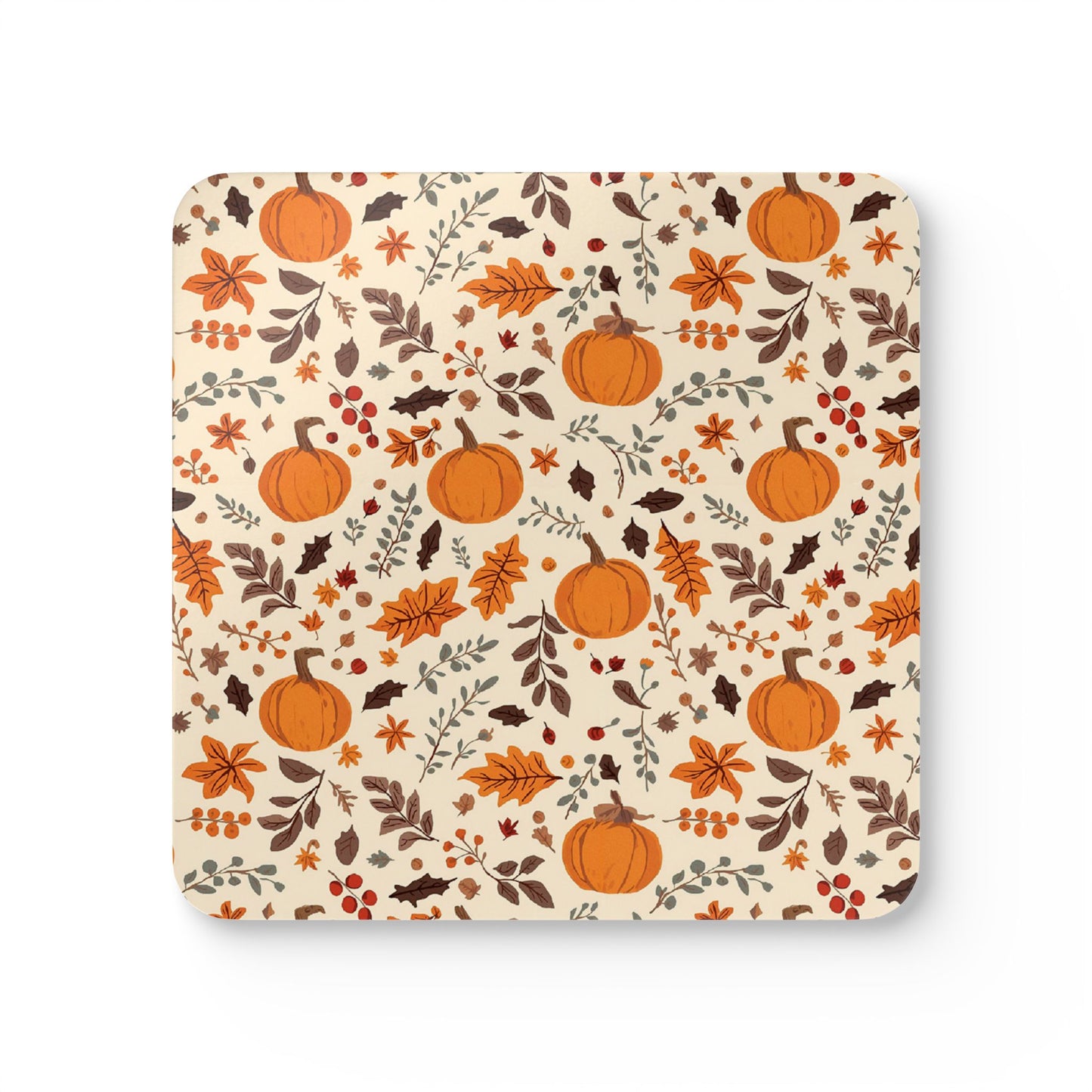 Coaster with autumn-themed design featuring pumpkins and leaves on a beige background
