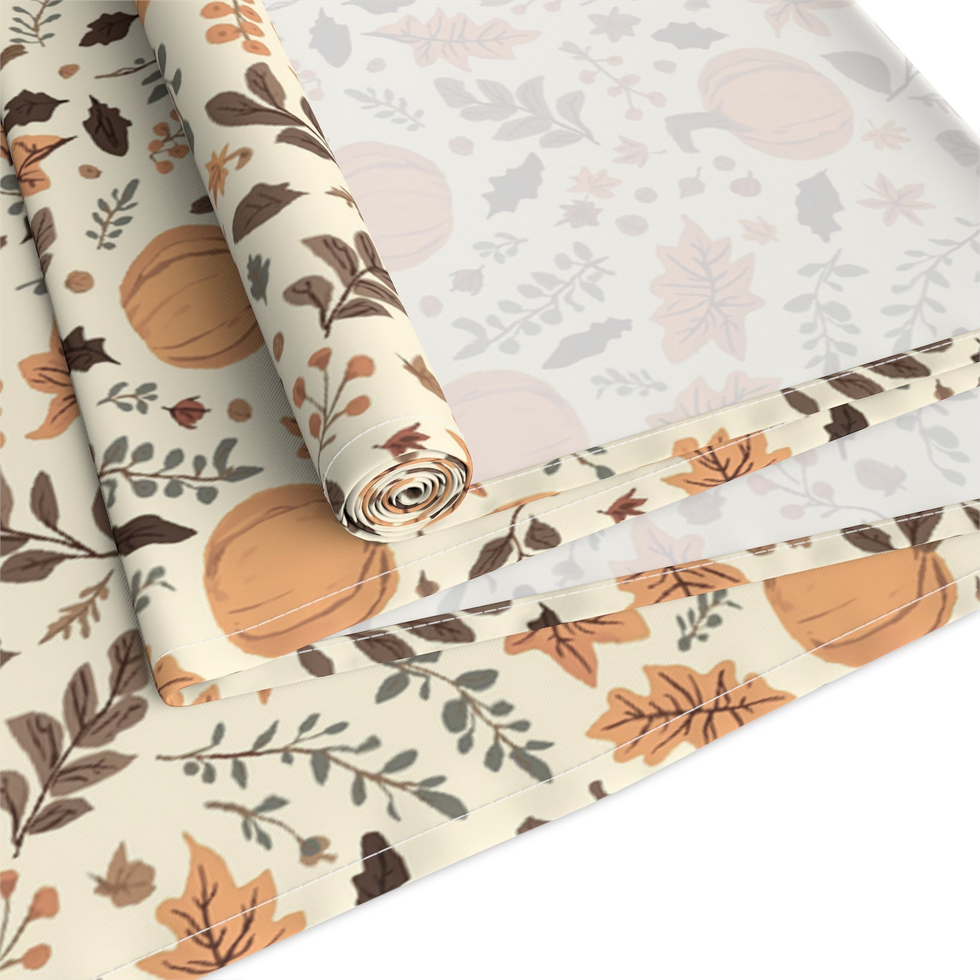 Fall Leaves and Pumpkins table runner has brown and orange fall leaves with orange pumpkins with beige background design printed, on the table runner, rolled up on a white background.