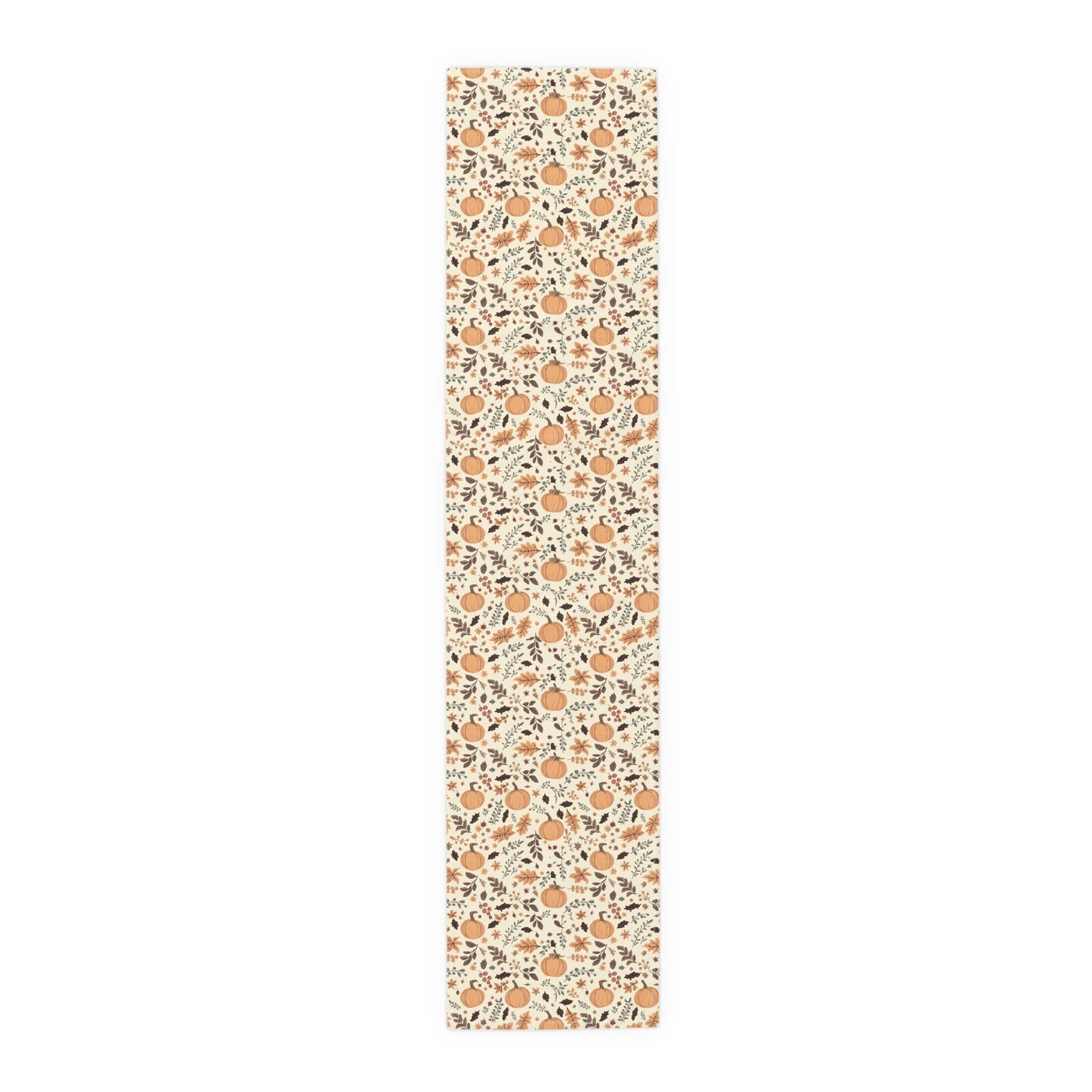 Fall Leaves and Pumpkins 16" x 72" cotton twill table runner has brown and orange fall leaves with orange pumpkins with beige background printed on the table runner shown on a white background.