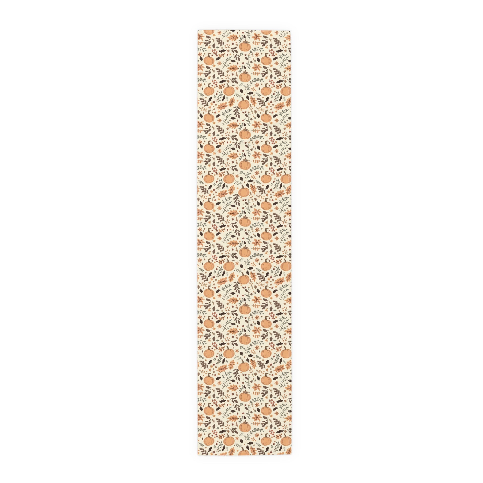 Fall Leaves and Pumpkins 16" x 72" cotton twill table runner has brown and orange fall leaves with orange pumpkins with beige background printed on the table runner shown on a white background.
