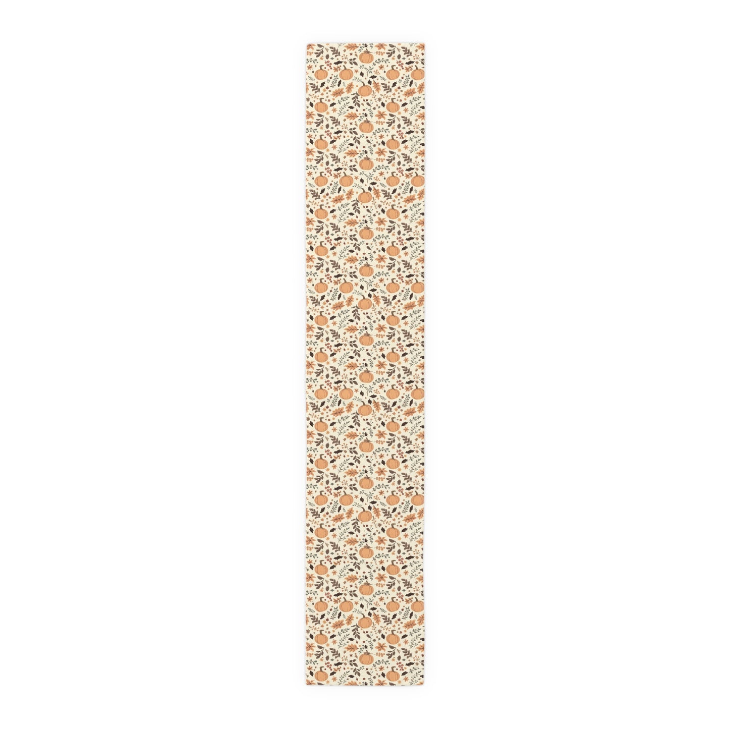 Fall Leaves and Pumpkins 16" x 90" cotton twill table runner has brown and orange fall leaves with orange pumpkins with beige background printed on the table runner shown on a white background. 