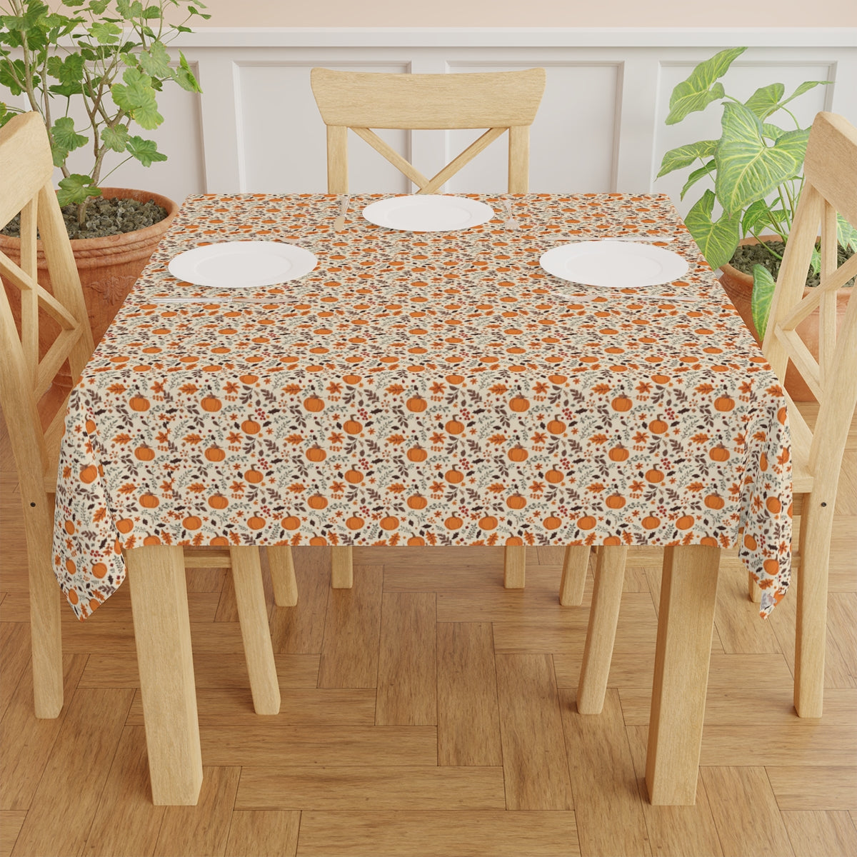 Fall Leaves & Pumpkins Tablecloth - 100% Cotton Twill Tablecloth, 58" × 58" and 58" × 102" Sizes, Fall Autumn Pumpkins Leaves Design Tablecloth, Thanksgiving Tablecloth, Fall /Orange Tablecloth, Halloween Tablecloth