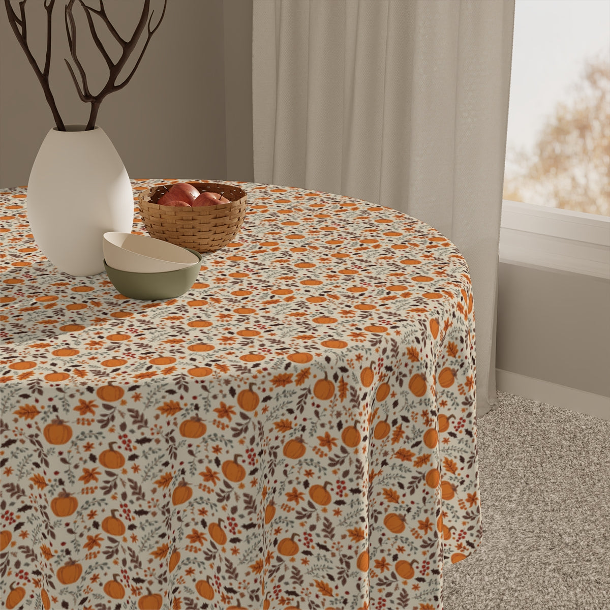 Fall Leaves & Pumpkins Tablecloth - 100% Cotton Twill Tablecloth, 58" × 58" and 58" × 102" Sizes, Fall Autumn Pumpkins Leaves Design Tablecloth, Thanksgiving Tablecloth, Fall /Orange Tablecloth, Halloween Tablecloth