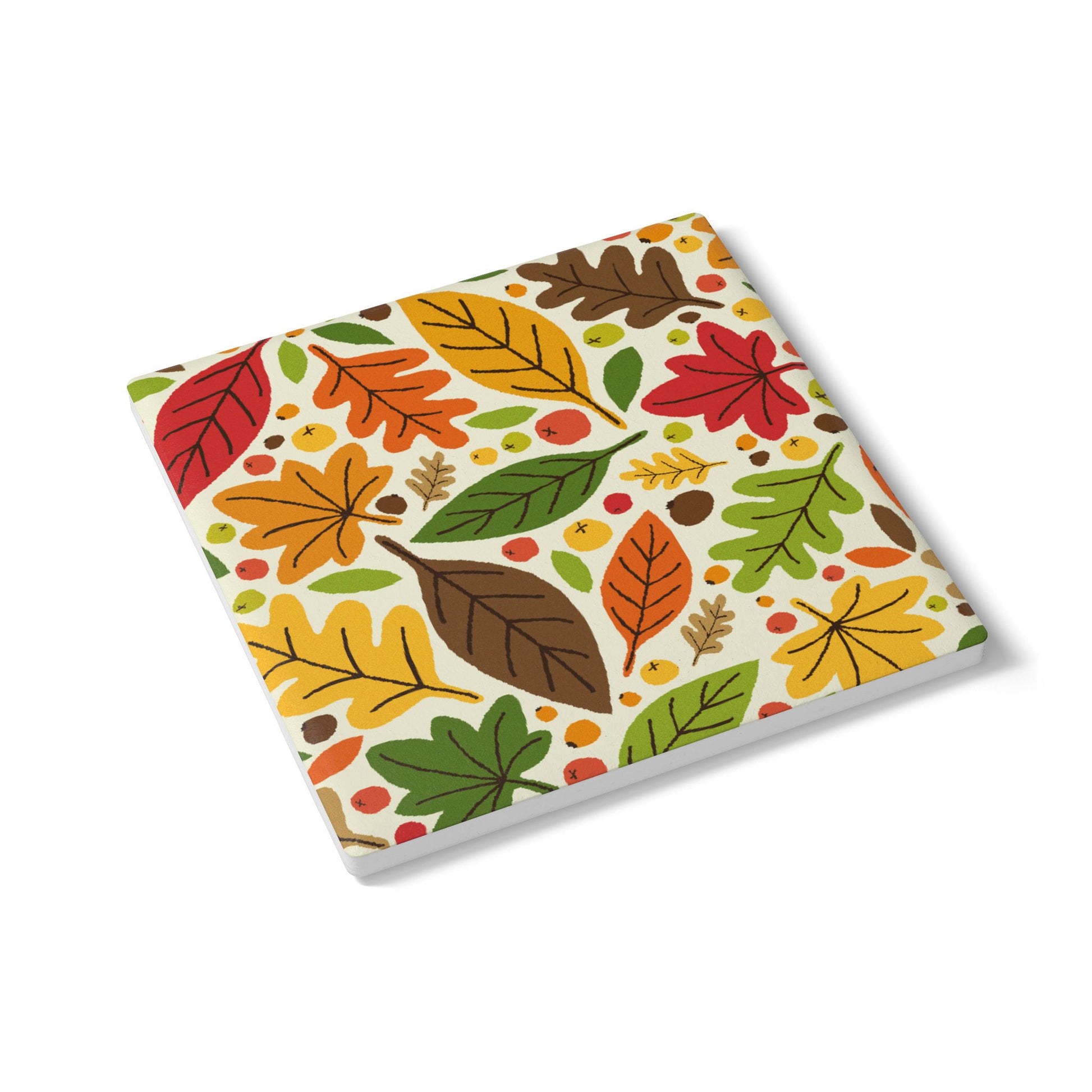 Fall Leaves ceramic tile square coaster with a colorful leaf-patterned on top of tile coaster on a white background