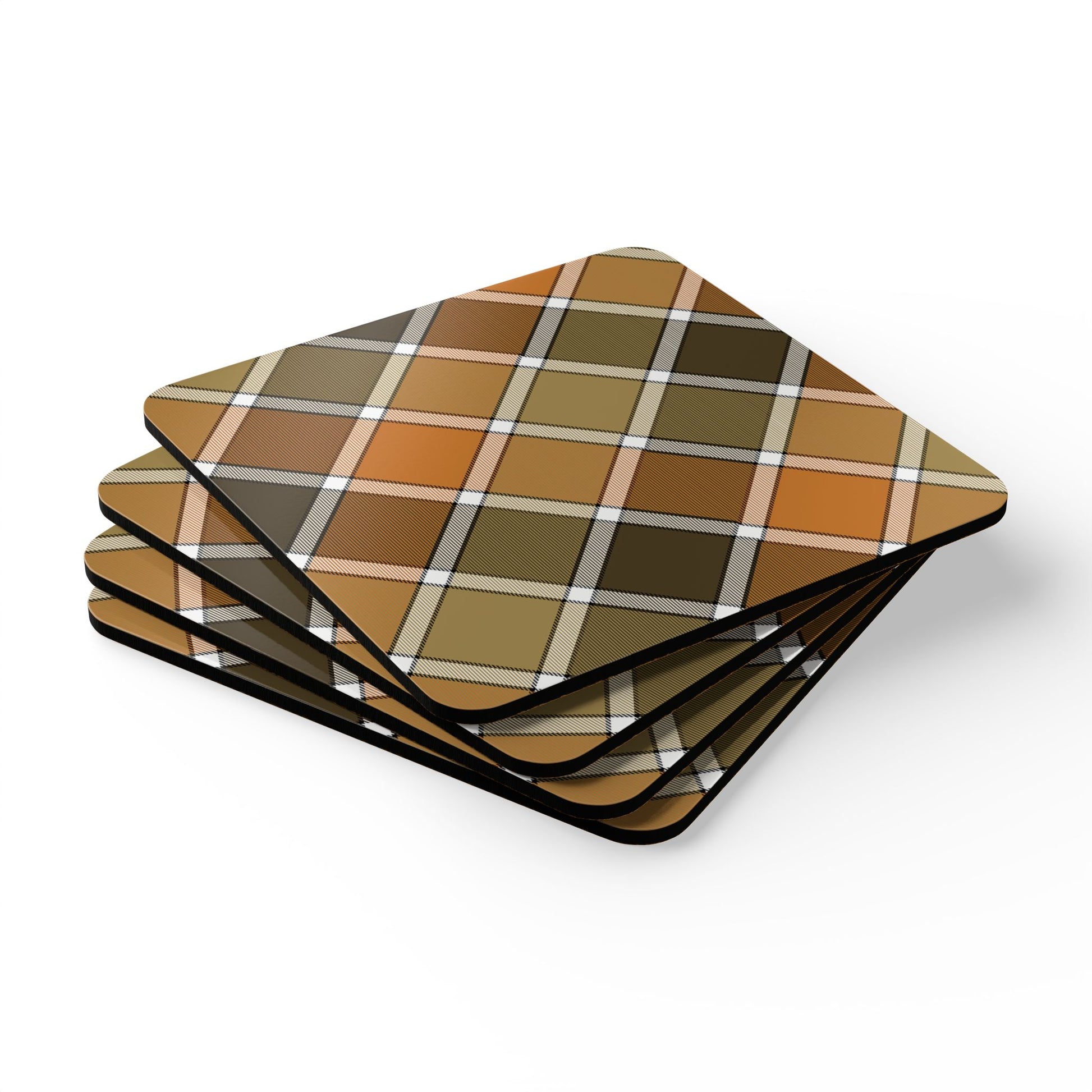 Set of four plaid coasters with brown, orange and green pattern on a white background