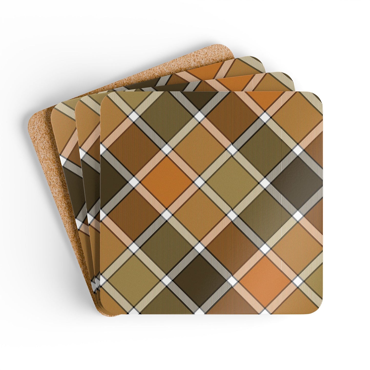 Set of four orange, green, brown and gold plaid patterned coasters with cork backing on a white background