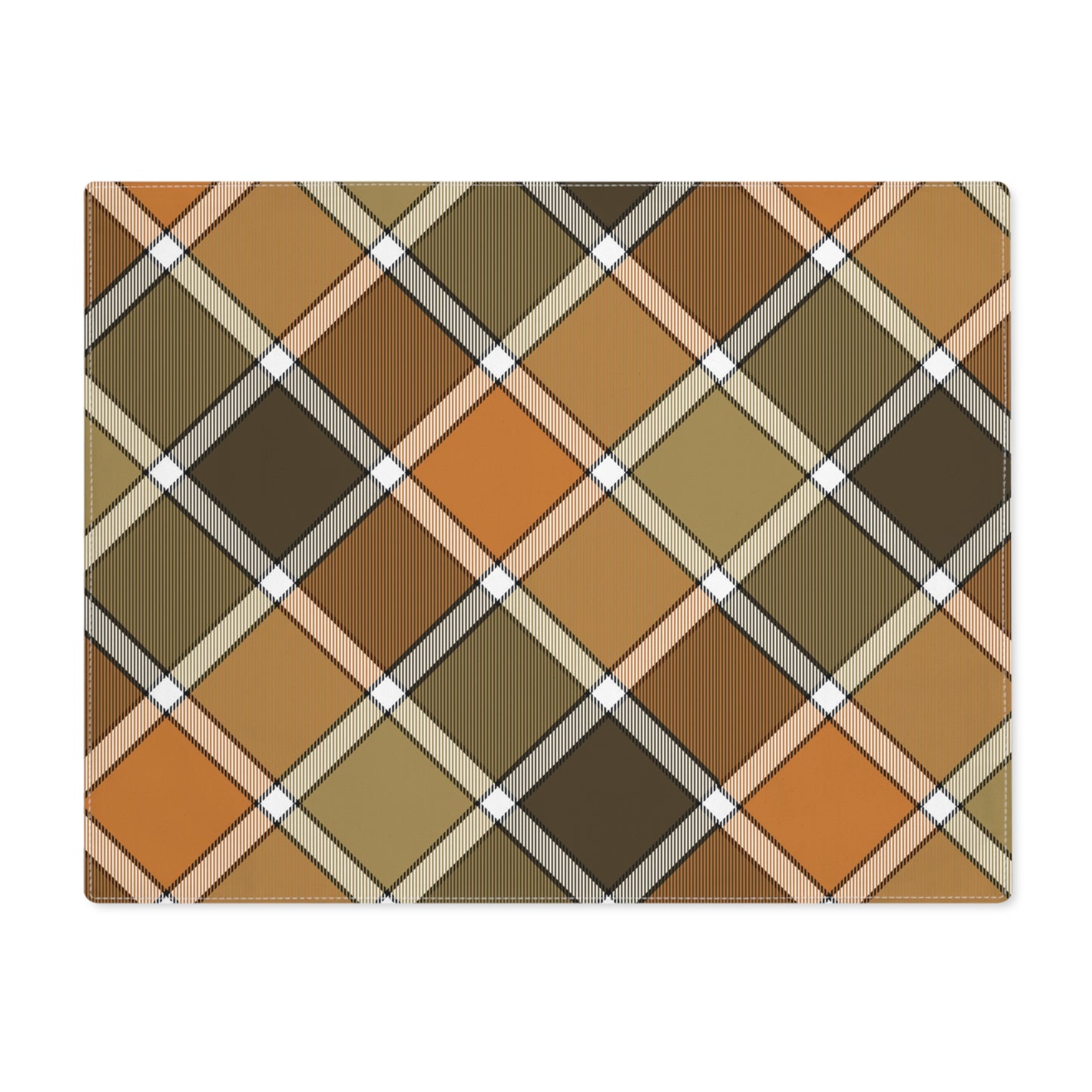 Fall Plaid placemat has plaid patterned colors with brown, orange, and green colors. The placemat sits on a white background.