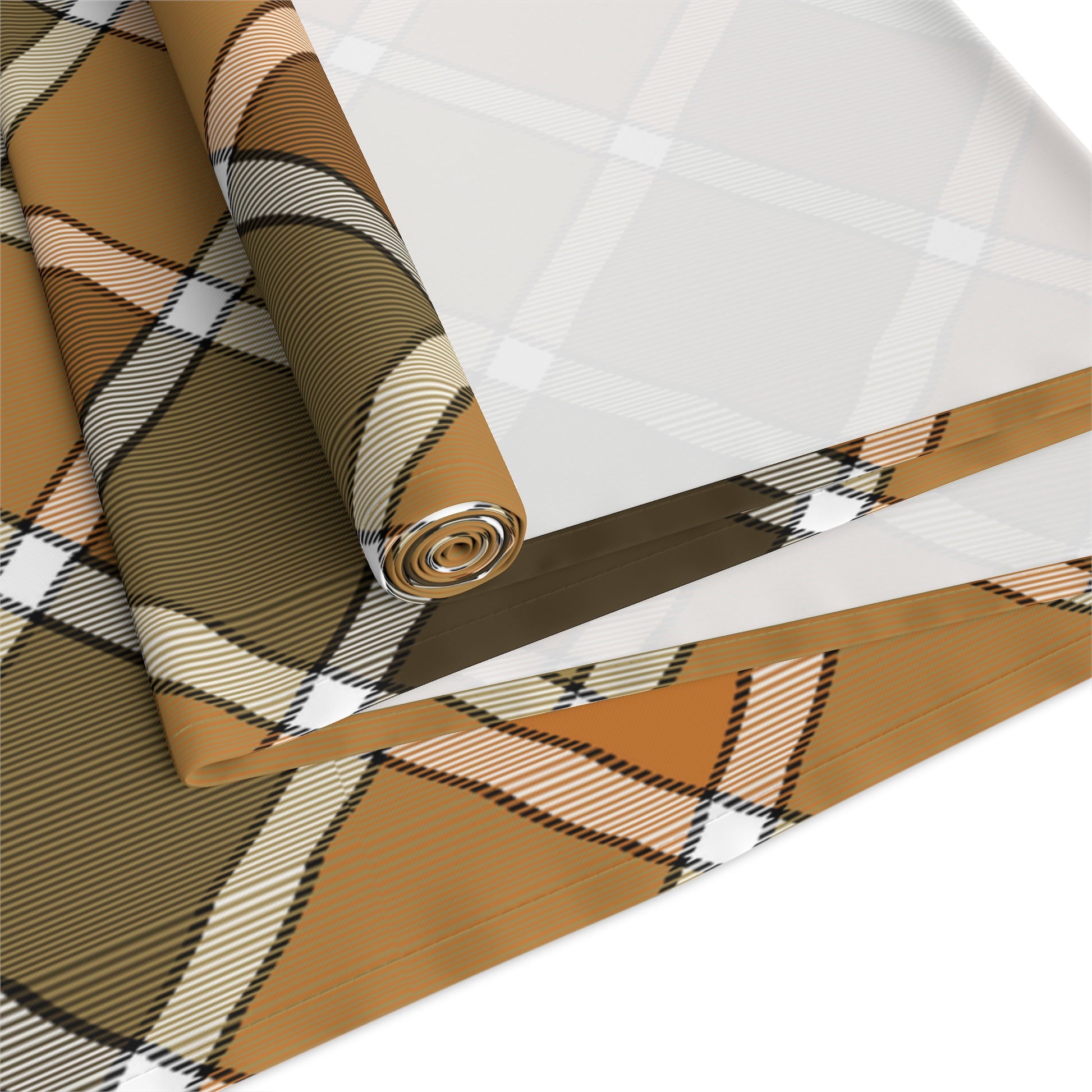 Our polyester Fall Plaid table runner has brown, green, orange plaid patterned colors. The table runner is rolled up on a white background.