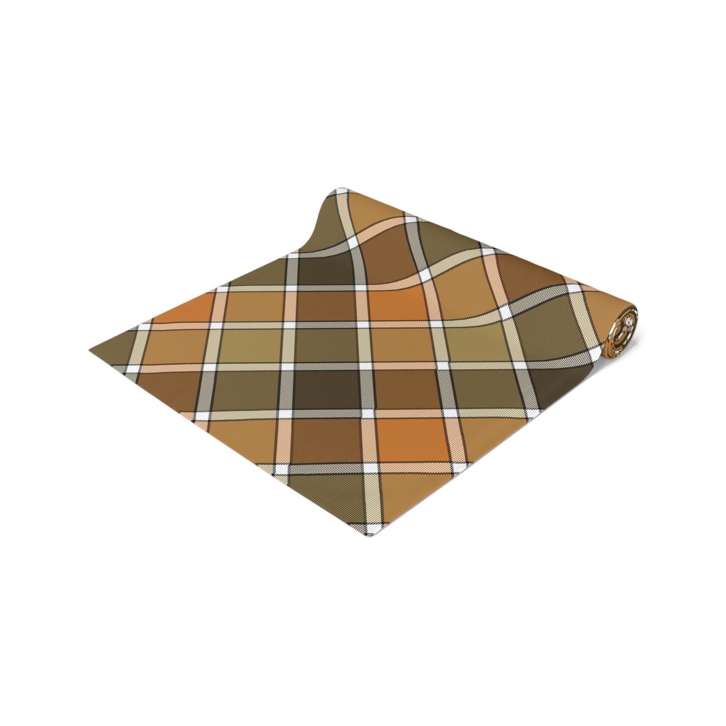 Our polyester Fall Plaid table runner has brown, green, orange plaid patterned colors. The table runner is rolled up on a white background.