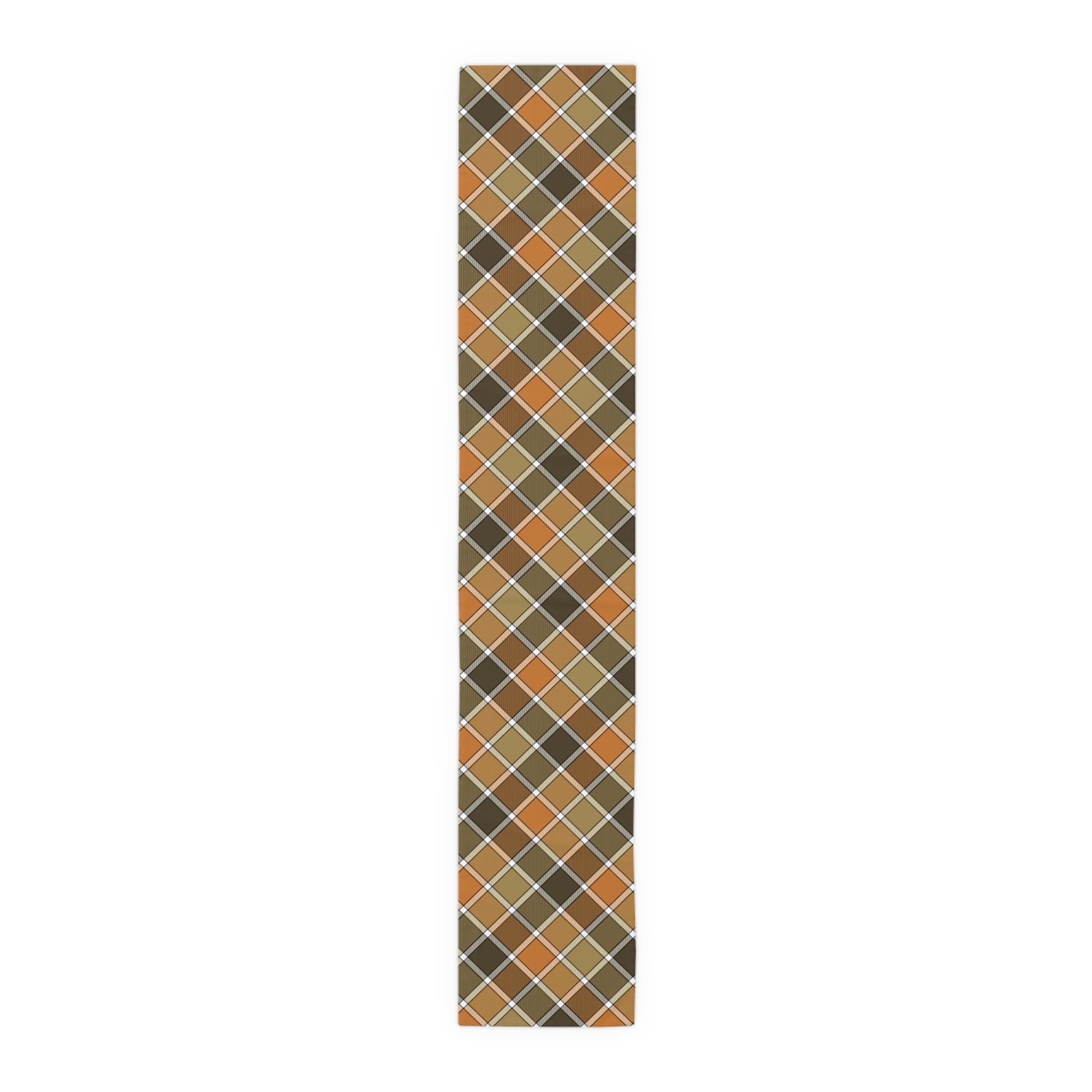 Our 16" x 90" polyester Fall Plaid table runner has a brown, green, orange table runner patterned colors on a white background
