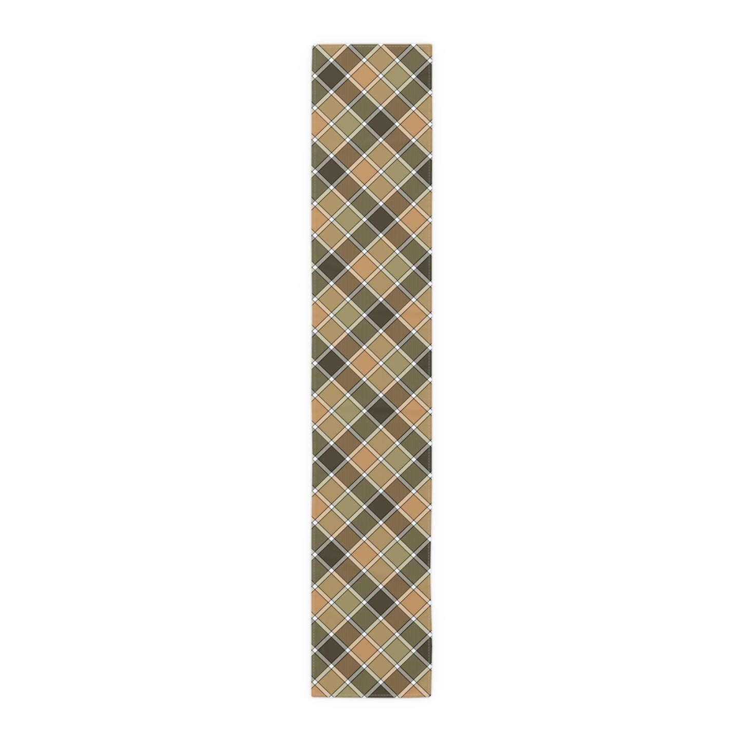 Our 16" x 90" cotton twill Fall Plaid table runner has a brown, green, orange table runner patterned colors on a white background