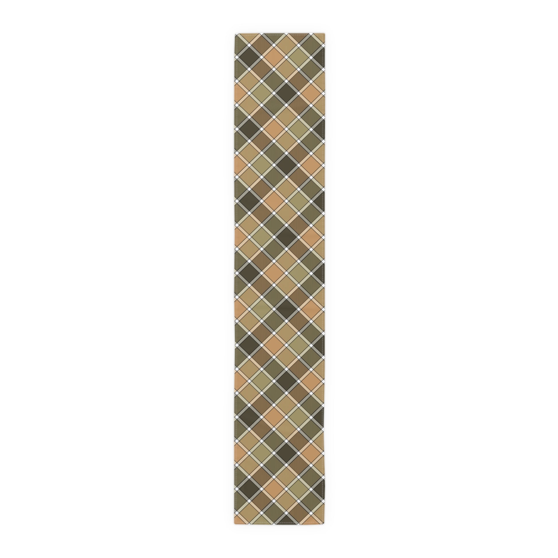 Our 16" x 90" cotton twill Fall Plaid table runner has a brown, green, orange table runner patterned colors on a white background