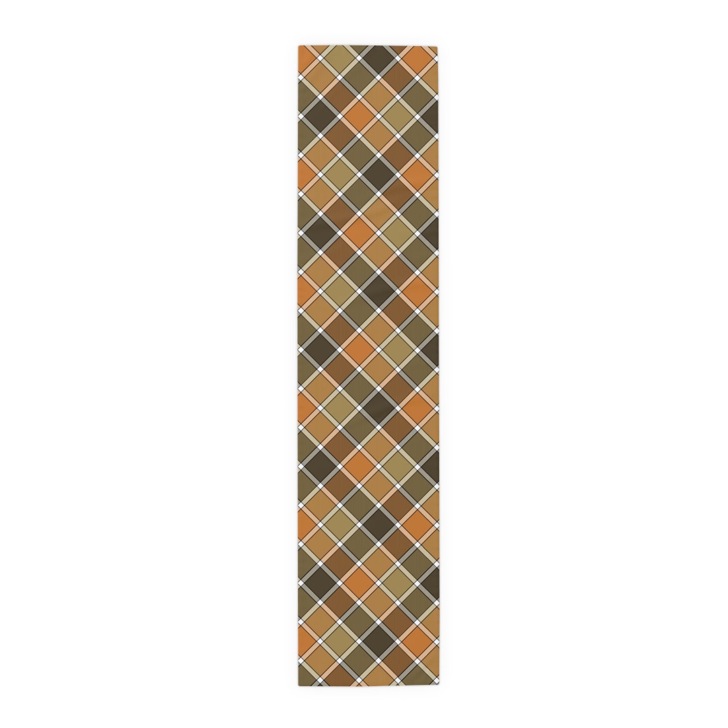 Our 16" x 72" polyester Fall Plaid table runner has a brown, green, orange table runner patterned colors on a white background