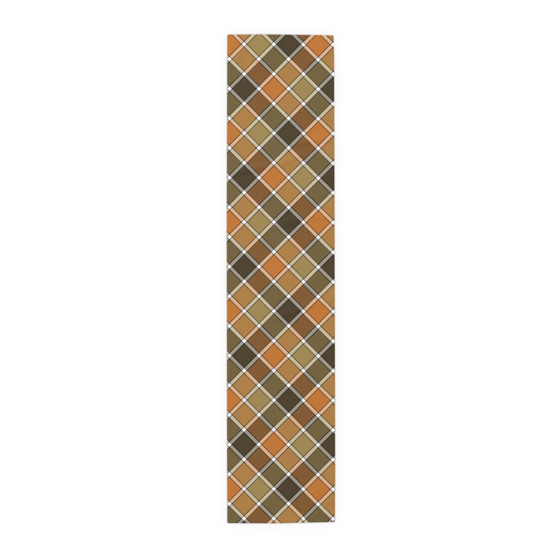 Our 16" x 72" polyester Fall Plaid table runner has a brown, green, orange table runner patterned colors on a white background