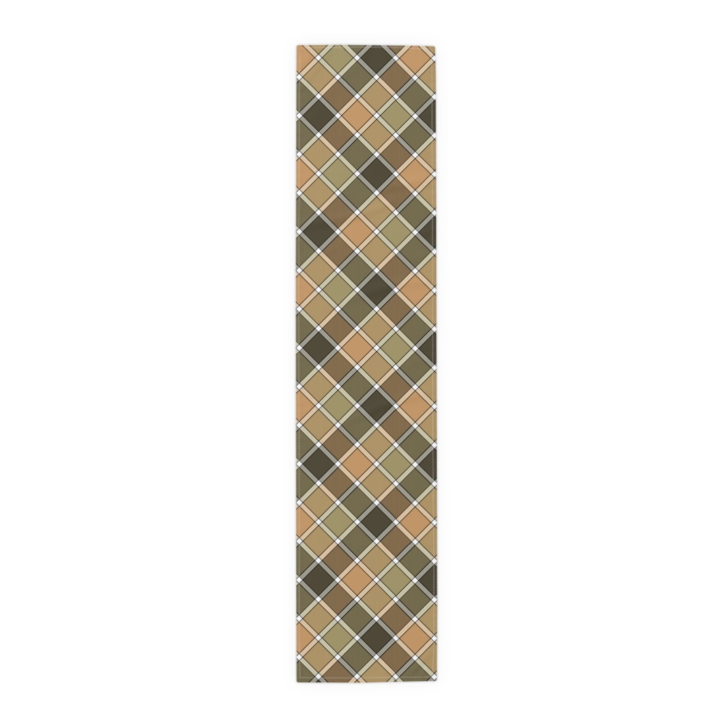 Our 16" x 72" cotton twill Fall Plaid table runner has a brown, green, orange table runner patterned colors on a white background