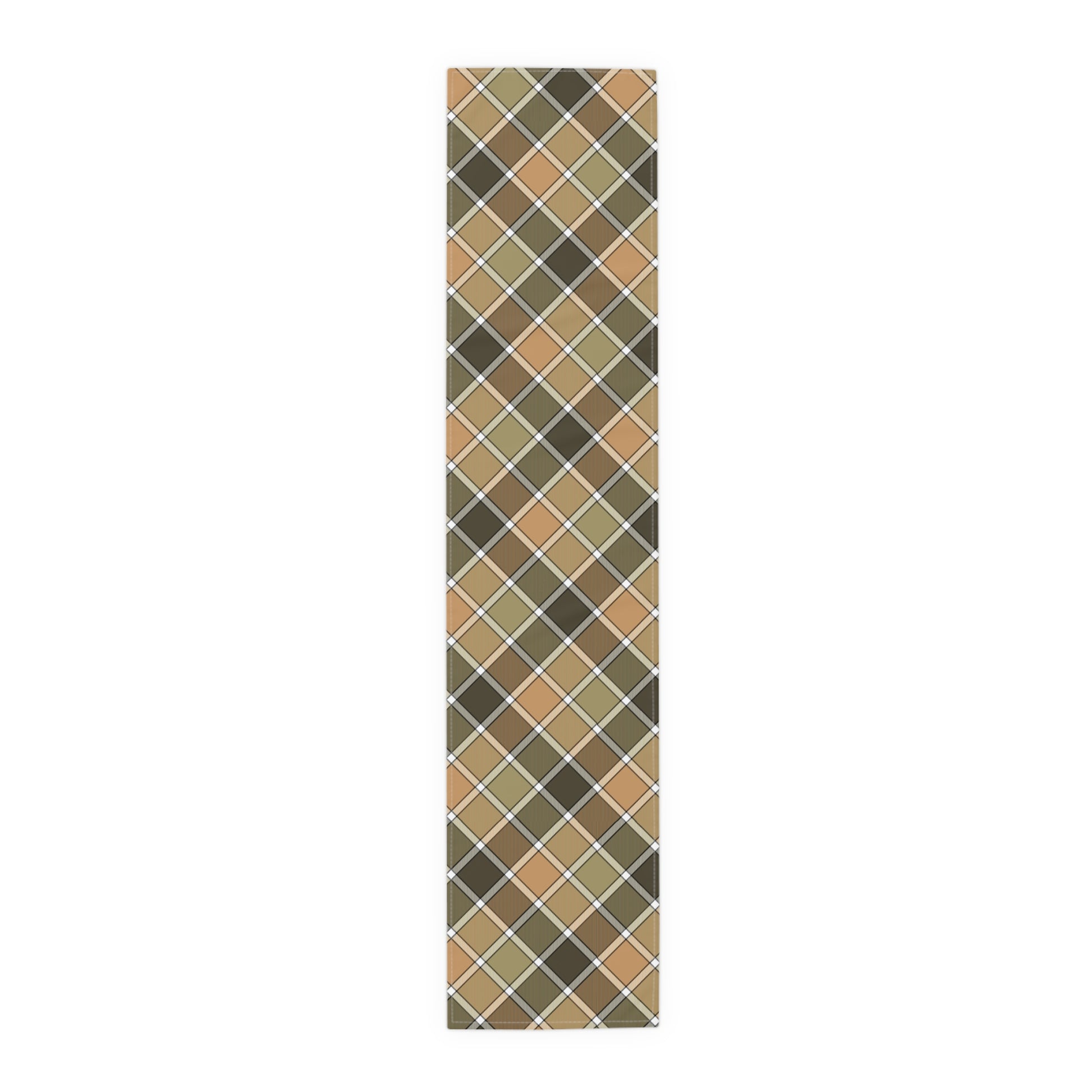 Our 16" x 72" cotton twill Fall Plaid table runner has a brown, green, orange table runner patterned colors on a white background