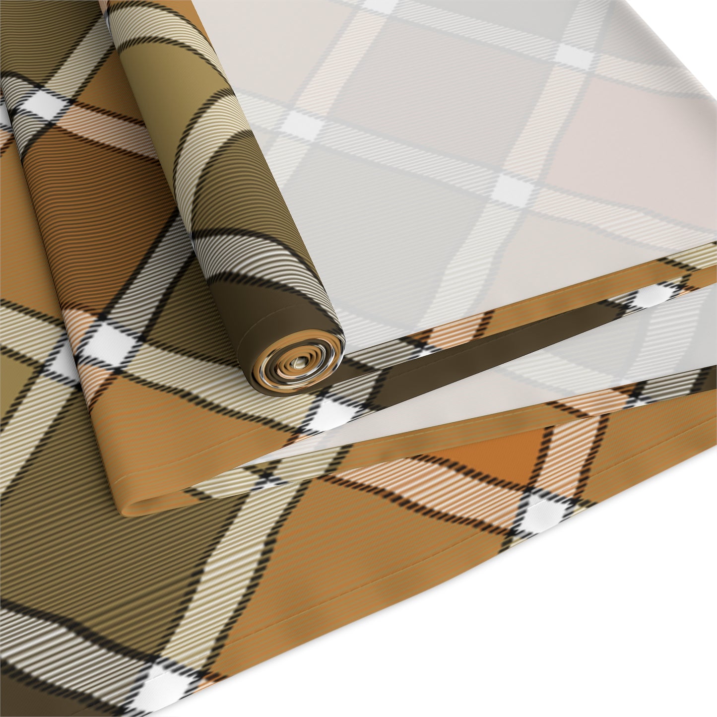 Our polyester Fall Plaid table runner has a brown, green, orange patterned colors. The table runner is rolled up on a white background