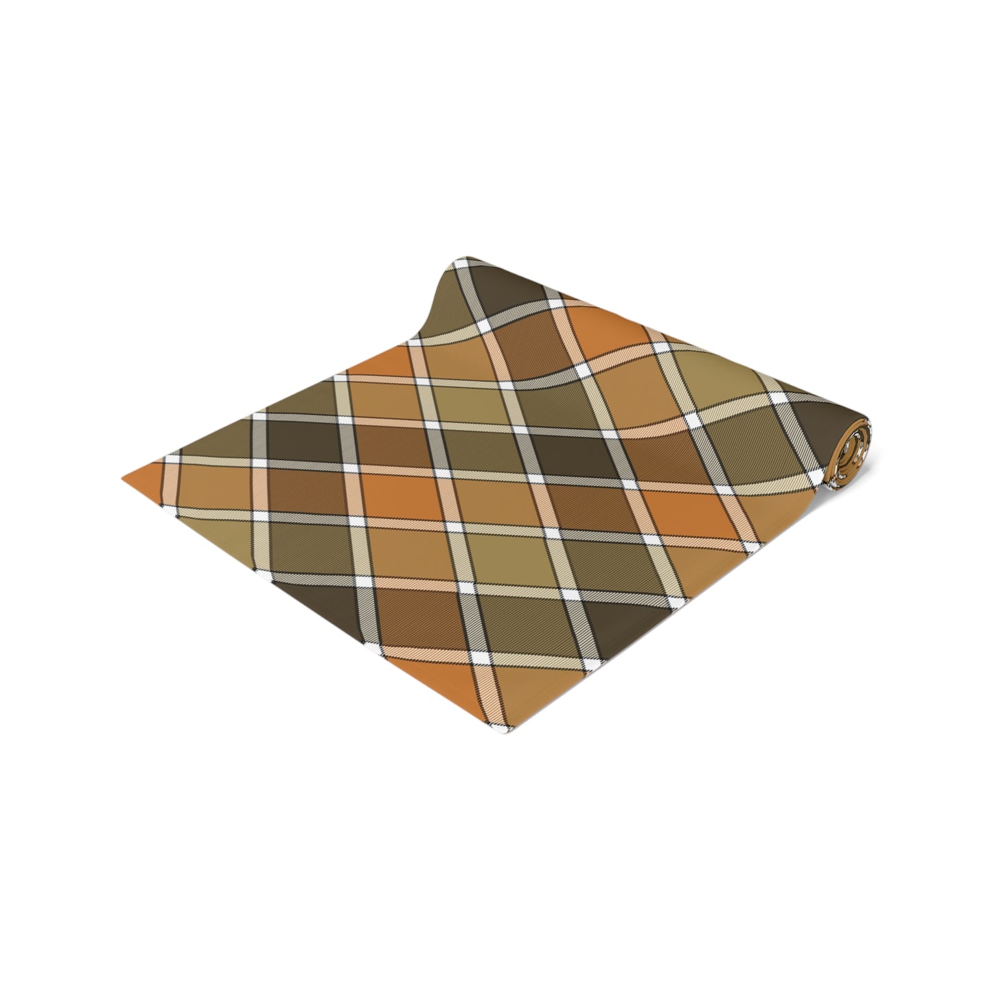 Our polyester Fall Plaid table runner has a brown, green, orange patterned colors. The table runner is rolled up on a white background