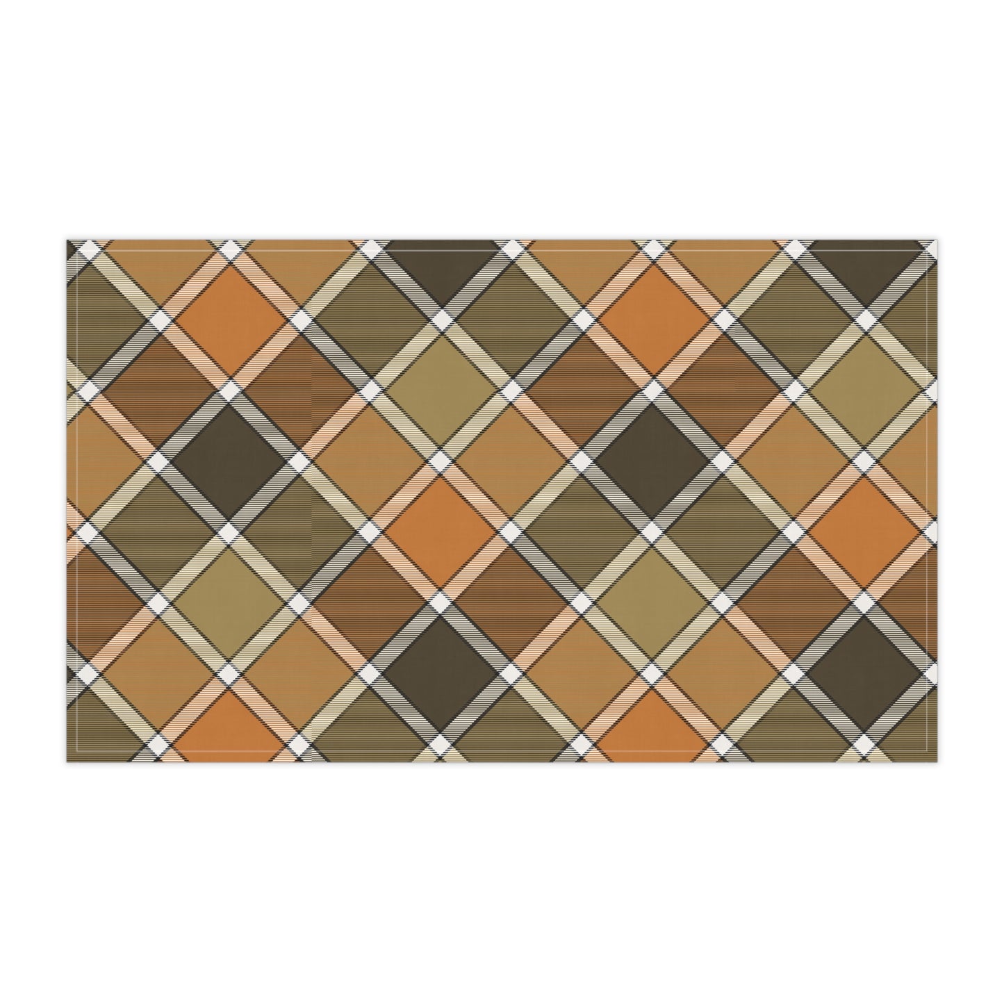 Fall colored plaid patterned kitchen tea towel with brown, orange, and beige colors on a white background