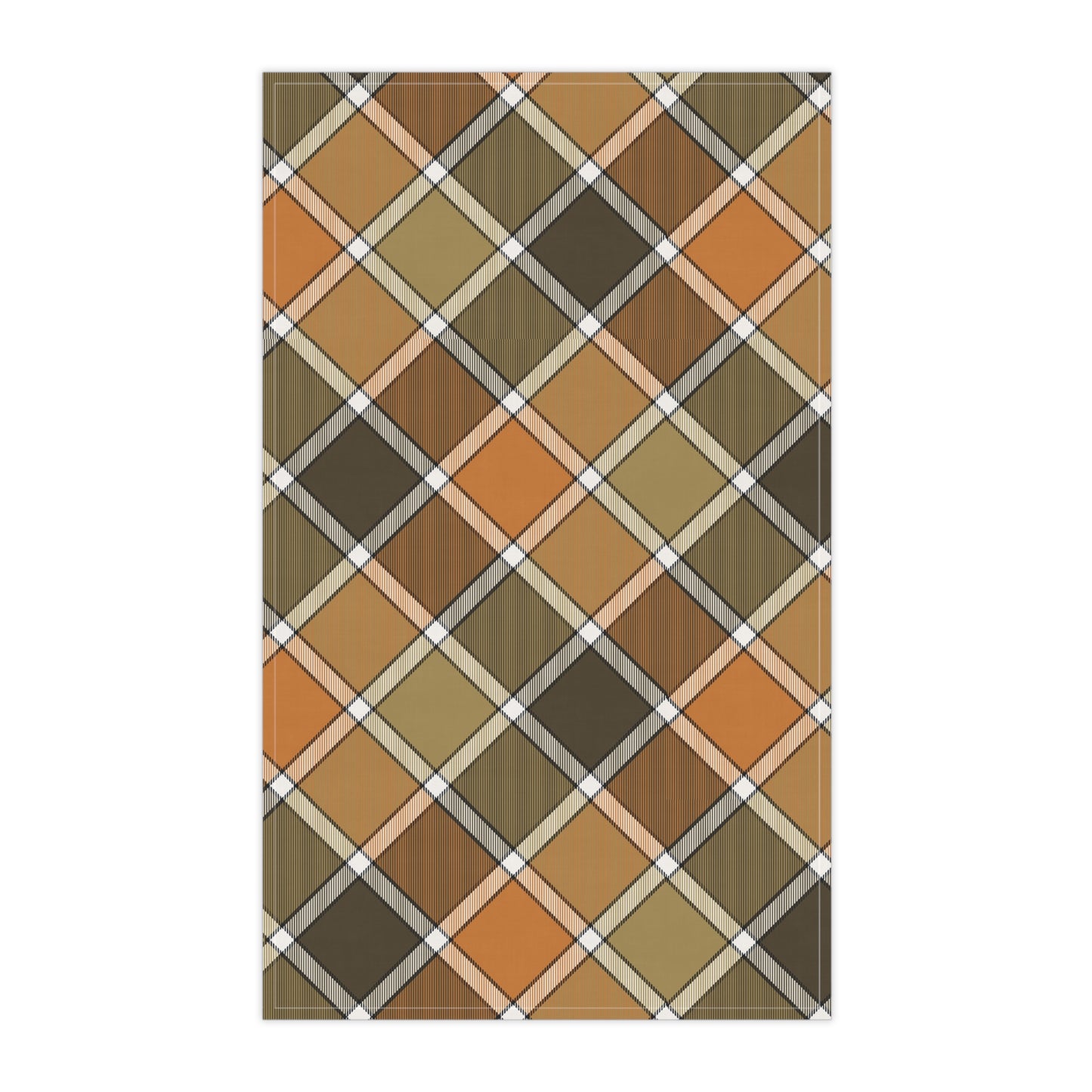 Plaid patterned kitchen tea towel with brown, oraqnge, and gray colors on a white background