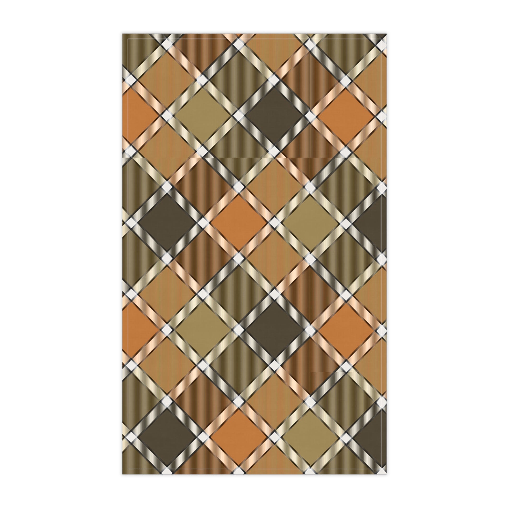 Plaid patterned kitchen tea towel with brown, oraqnge, and gray colors on a white background