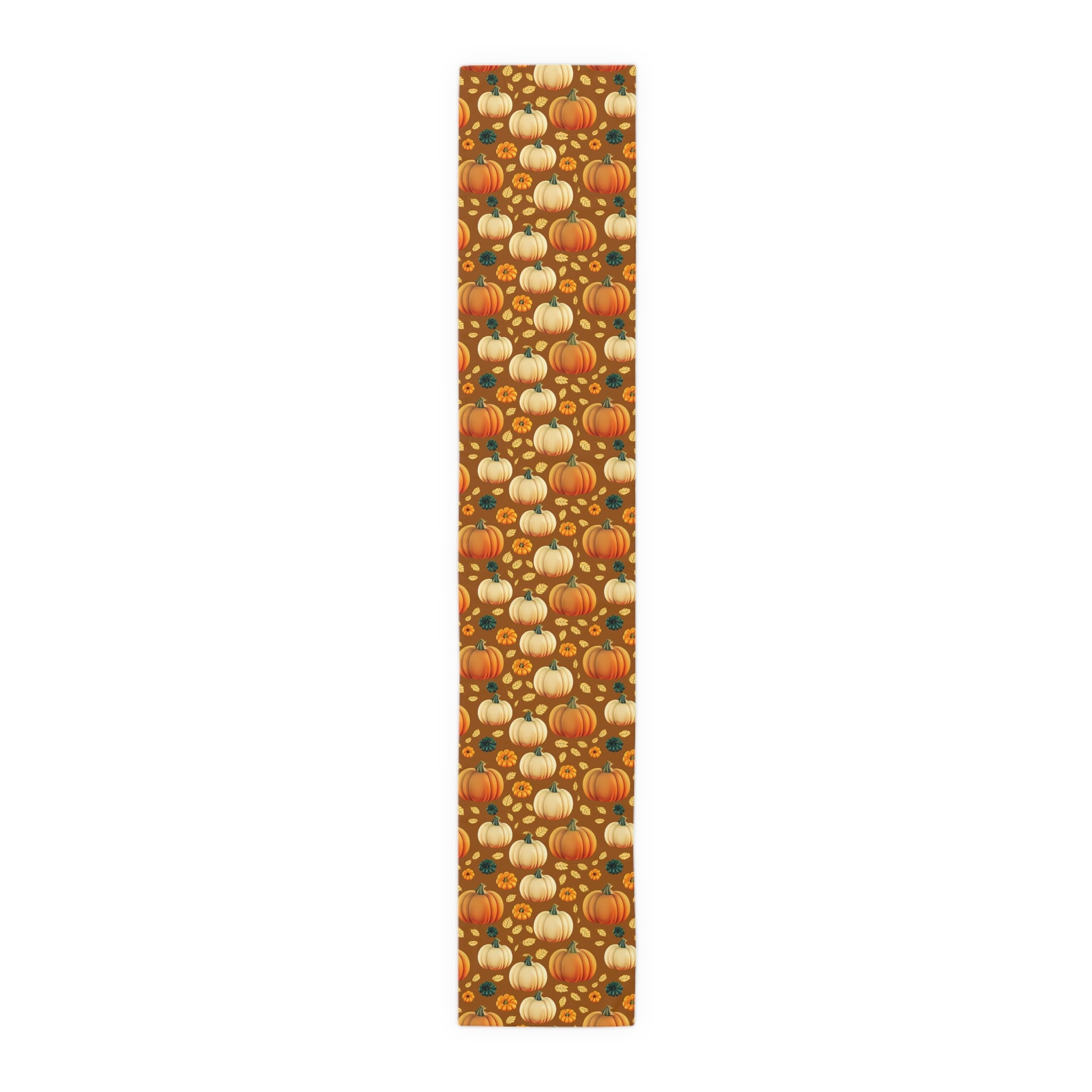 Fall Pumpkins polyester table runner with a pumpkin-themed pattern printed on front of table runner on a white background.