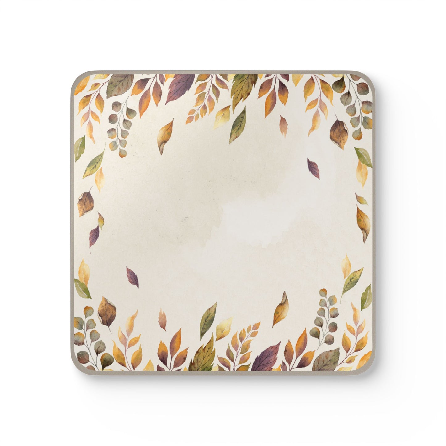 Square coaster with autumn leaf pattern on a white background