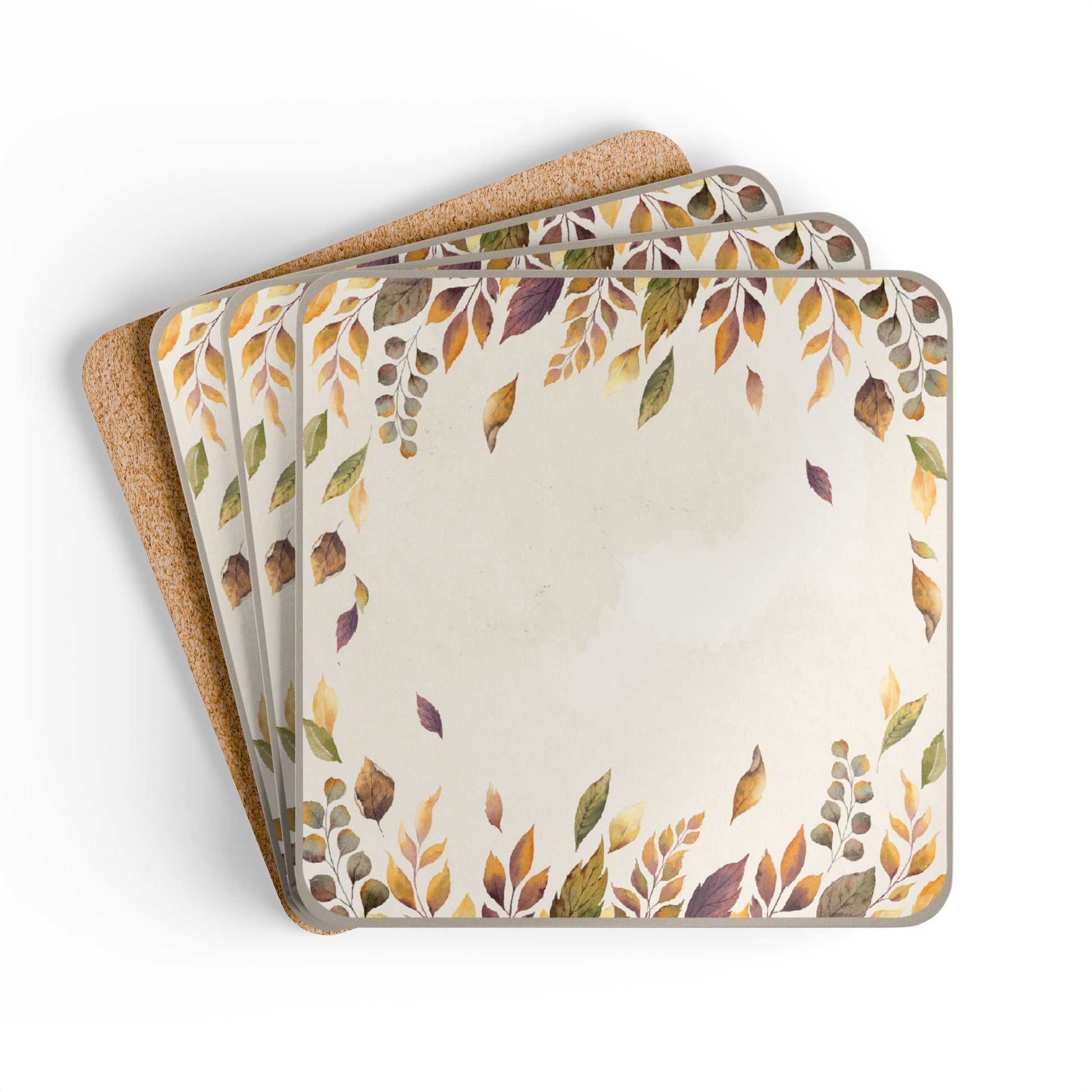 Set of four Fallen Leaves coasters set with leaf pattern on a white background