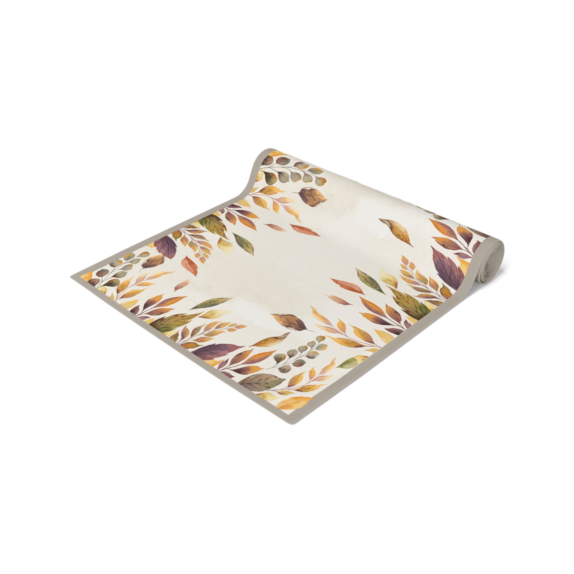 Roll of Fallen Leaves table runner with leaf pattern on a white background