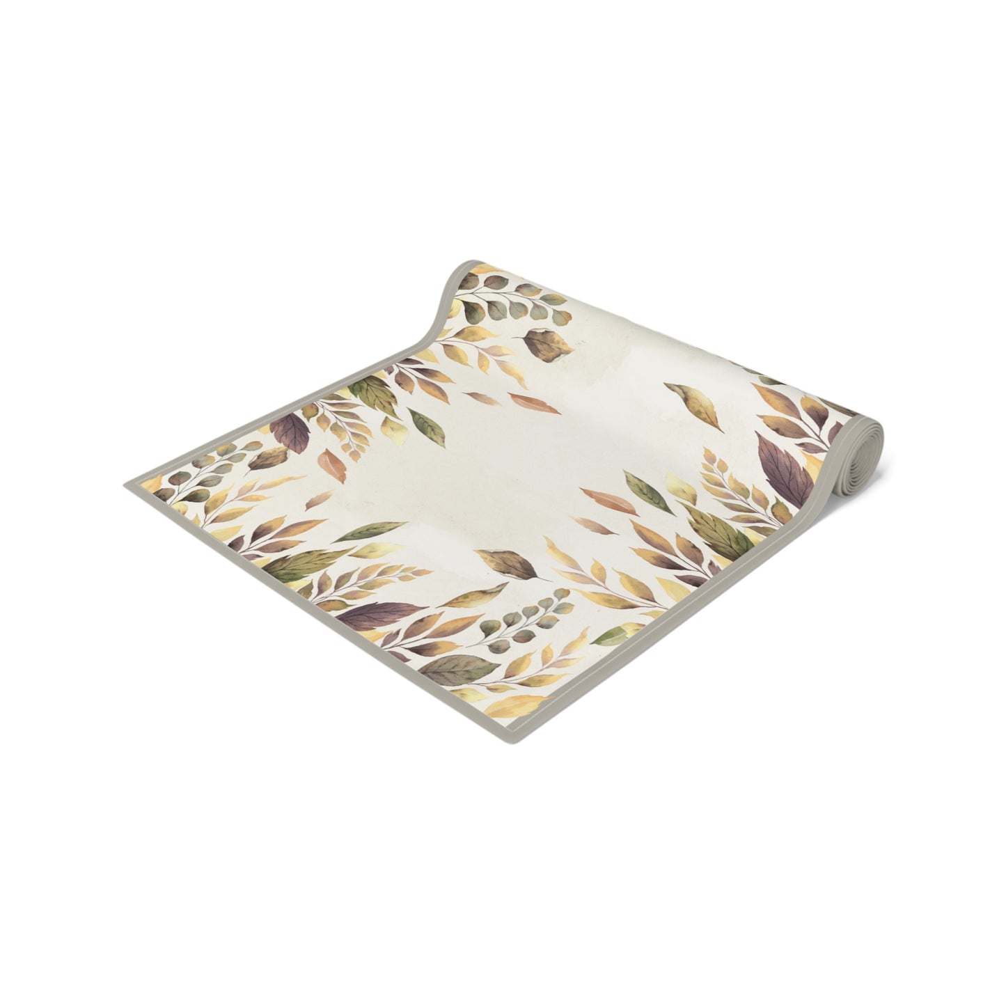 Roll of Fallen Leaves table runner with leaf pattern on a white background