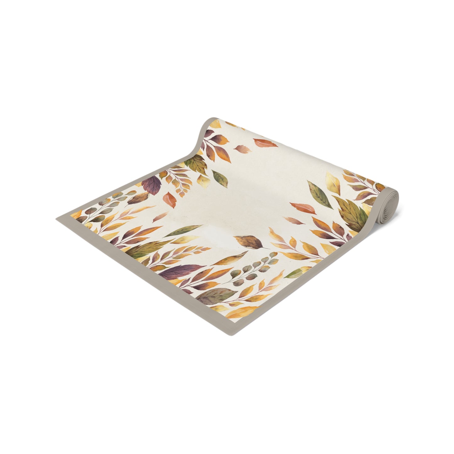 Fallen Leaves roll of table runner with autumn leaf pattern on a white background